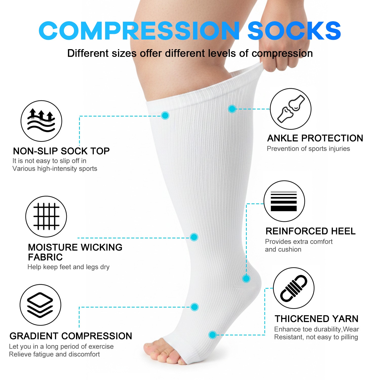 2XL-4XL Plus Size Open Toe Compression Socks, Calf Pressure Stockings for Unisex