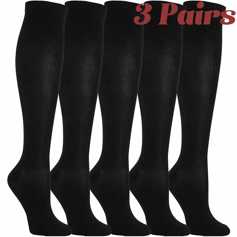 3 Pair Support Women Firm Compression Hose Opaque Knee High Wide Calf Stockings
