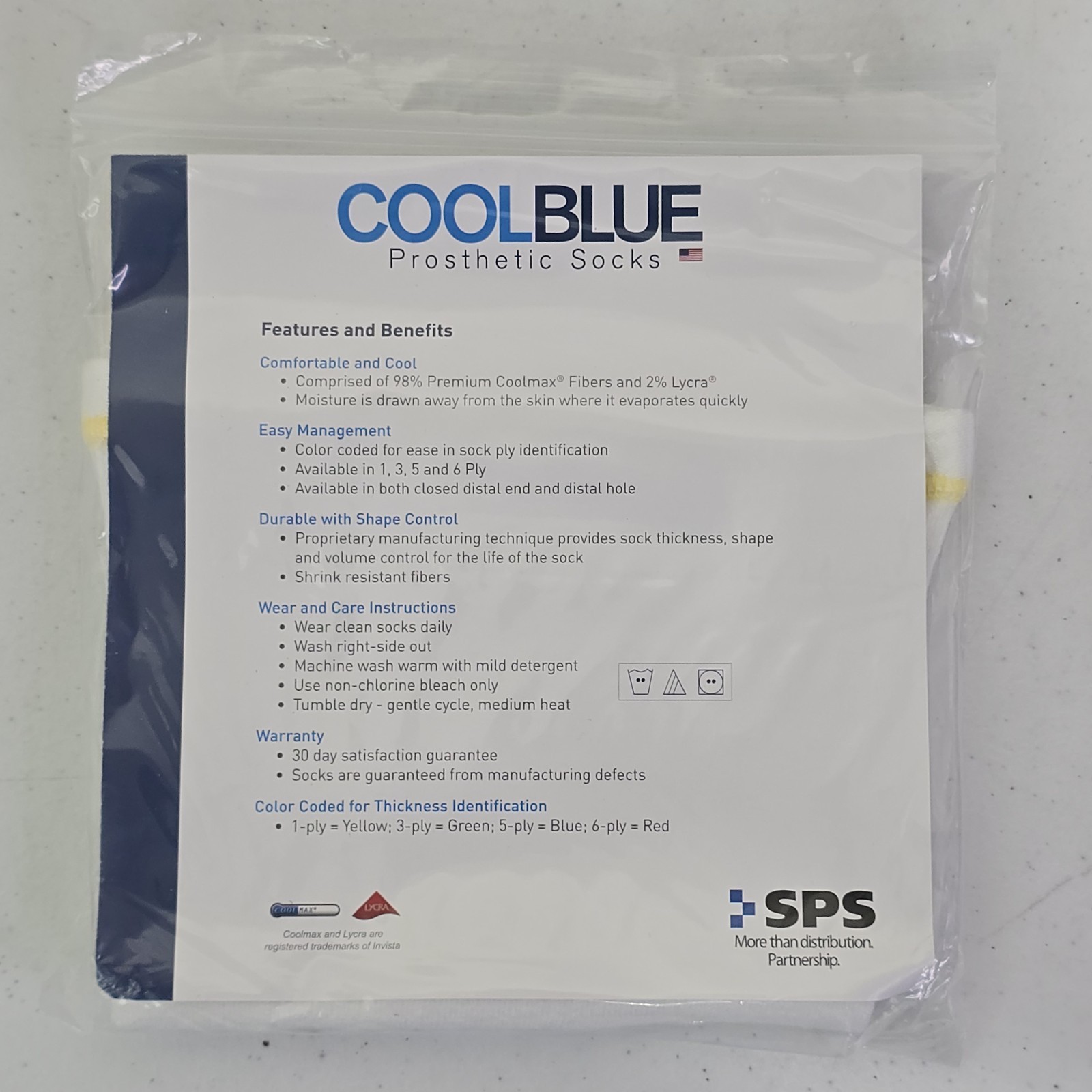 CoolBlue Prosthetic Sock 1 Ply W/Sewn Hole; Size 3, 4 Lngth 16-20 (5 Available)