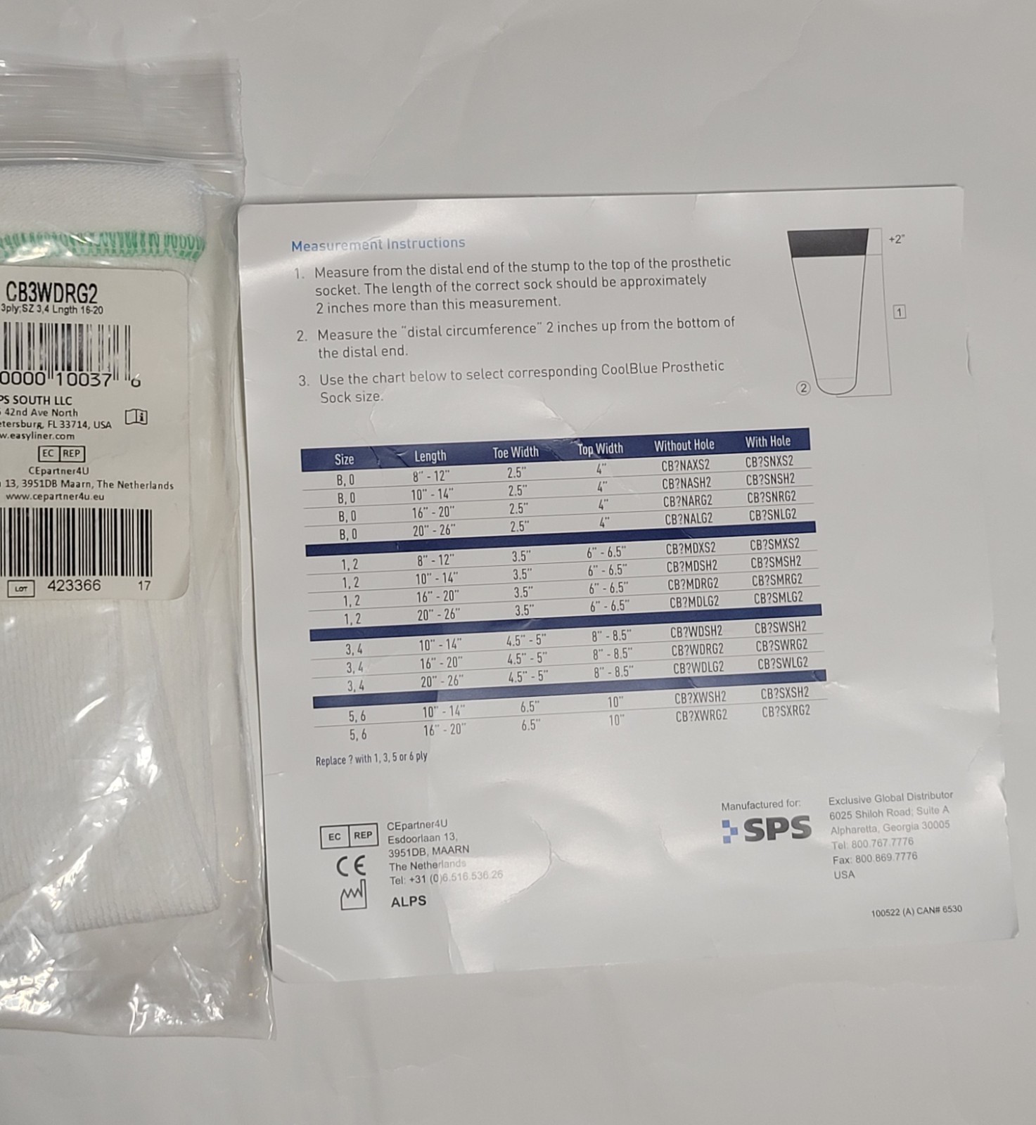 New CoolBlue Prosthetic Sock 3-Ply Size 3/4 Length 16-20″ Closed End CB3WDRG2