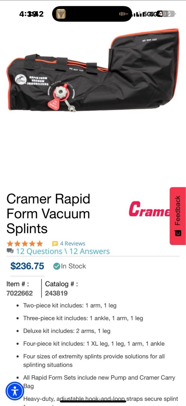 Cramer Rapid Form Vacuum Immobilizer XL Leg Arm Ankle Black Red Straps