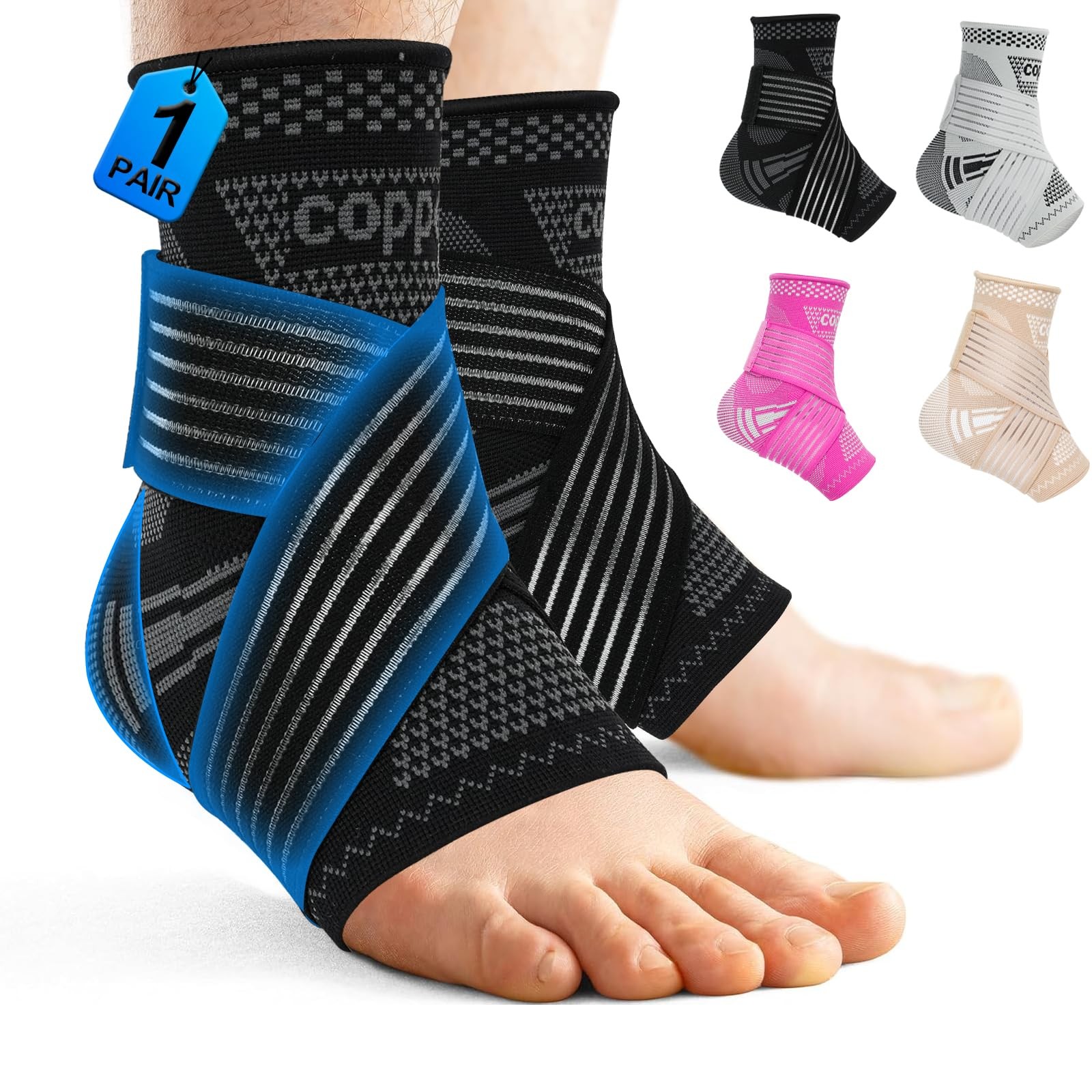 DRNAIETY 1 Pair Copper Ankle Brace for Men & Women – Adjustable Large, Black