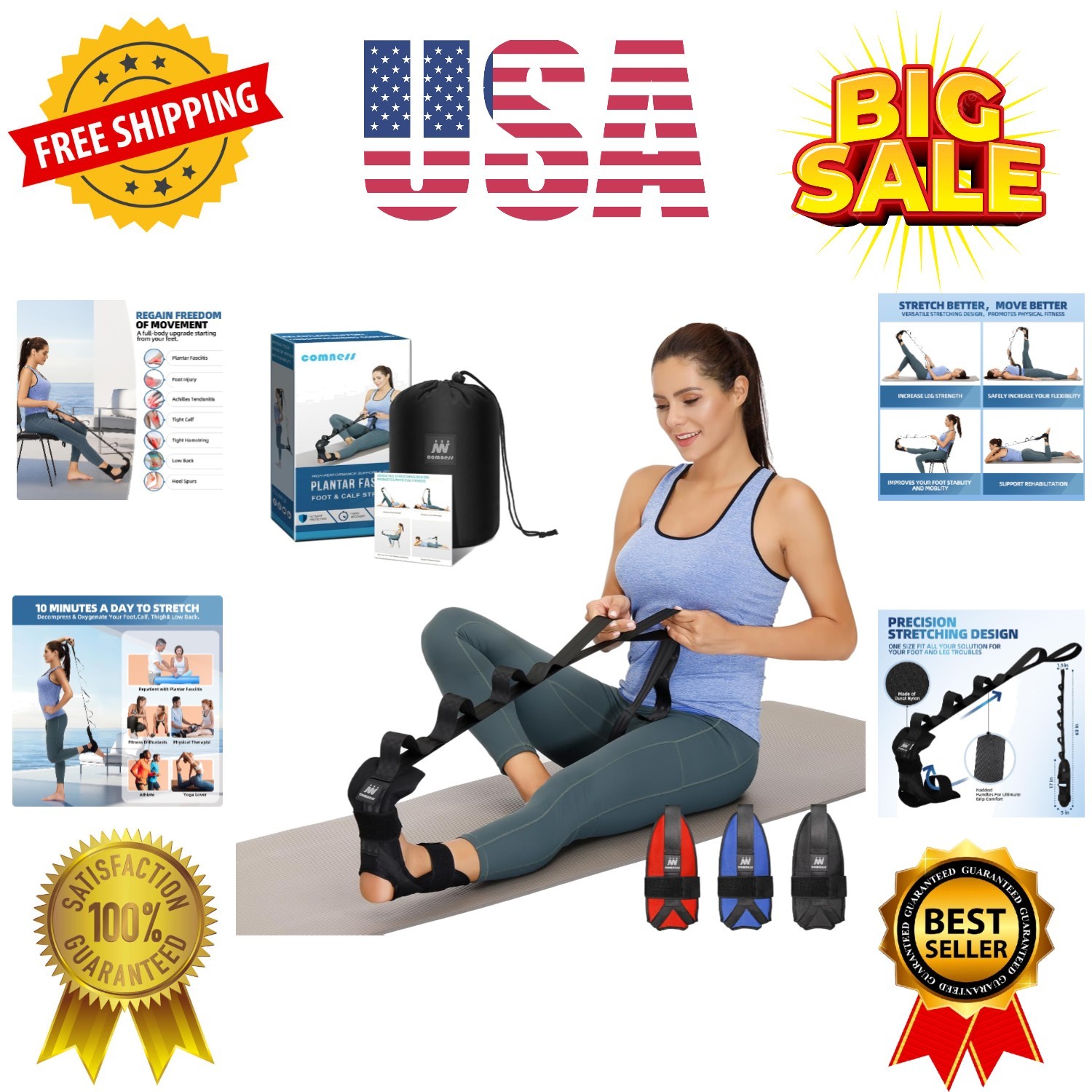 Foot and Calf Stretcher-Stretching Strap For Plantar Fasciitis, Heel Spurs, F…
