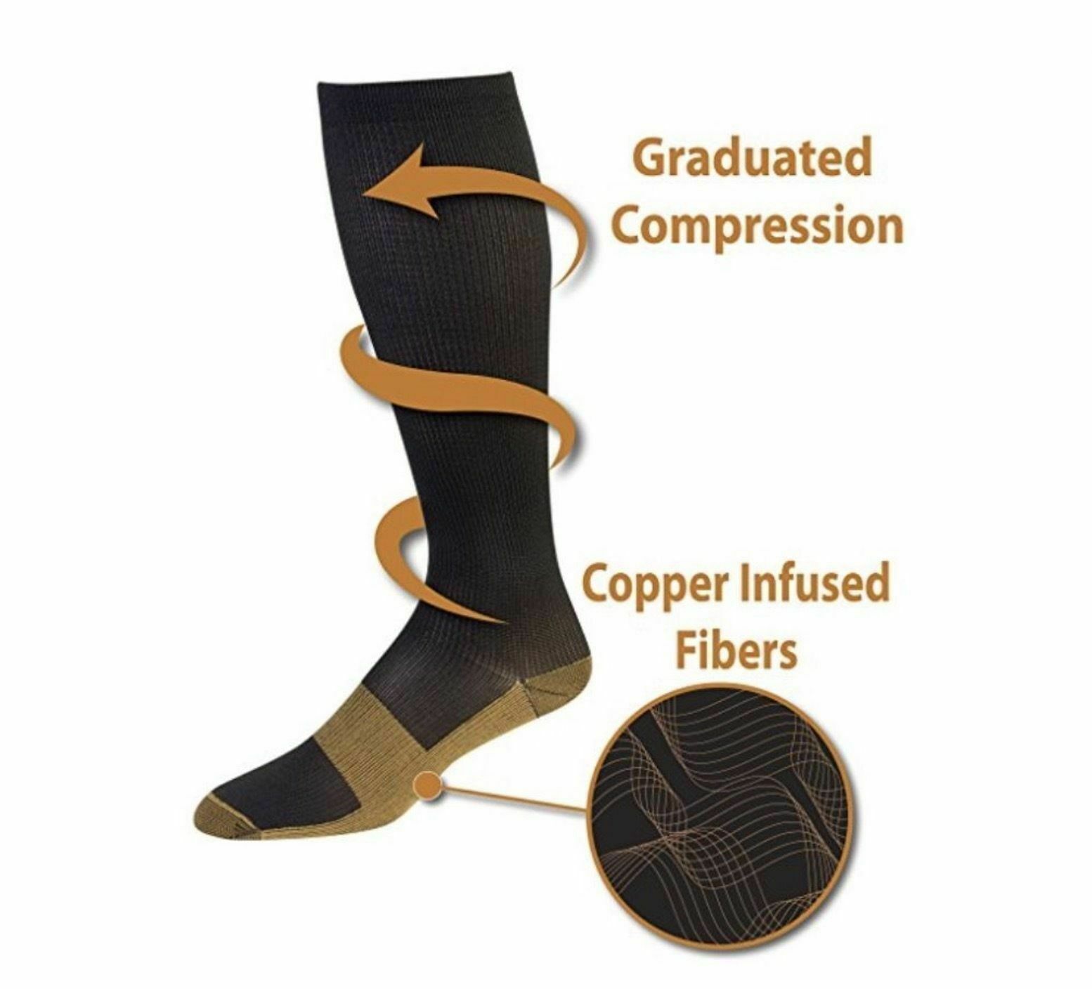 (3 Pairs) Copper Compression Socks 20-30mmHg Graduated Support Mens Womens S-XXL