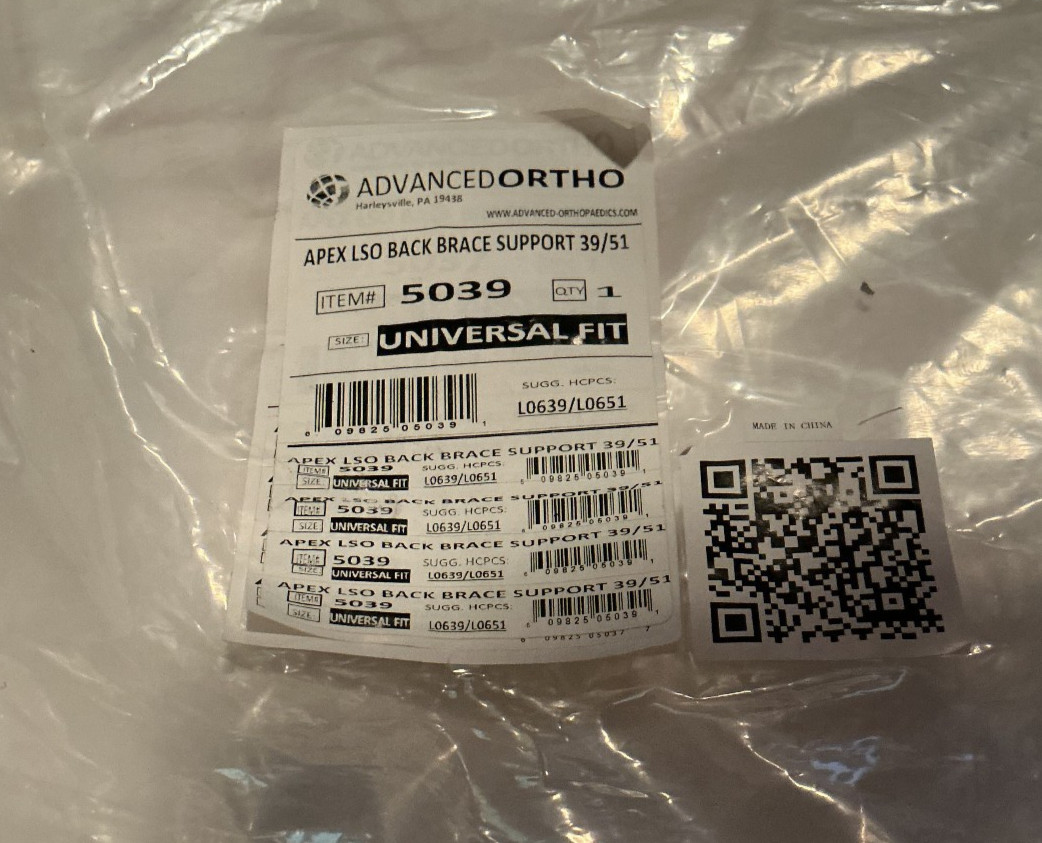 Advanced Ortho Apex 5039 LSO Back Brace Support 39/51