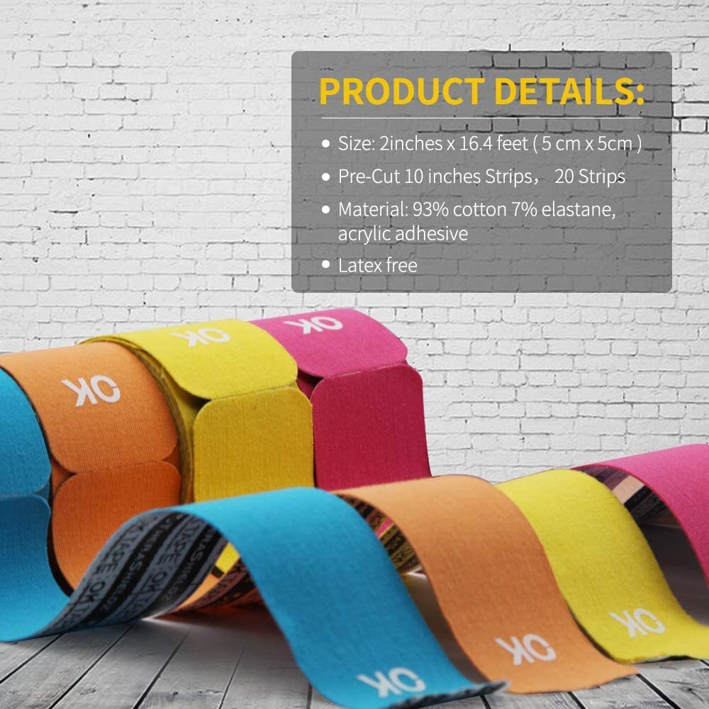 OK TAPE Kinesiology Tape 10 inches Precut, 20 Strips, Cotton Elastic Athletic Ta