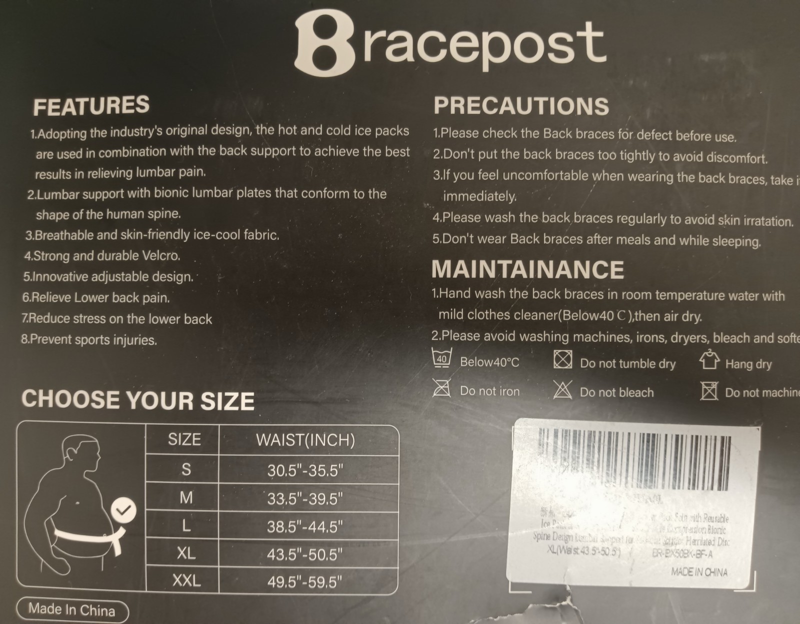 BRACEPOST Lower Back Brace, Adjustable Hot/Cold Pack, One Size fits all