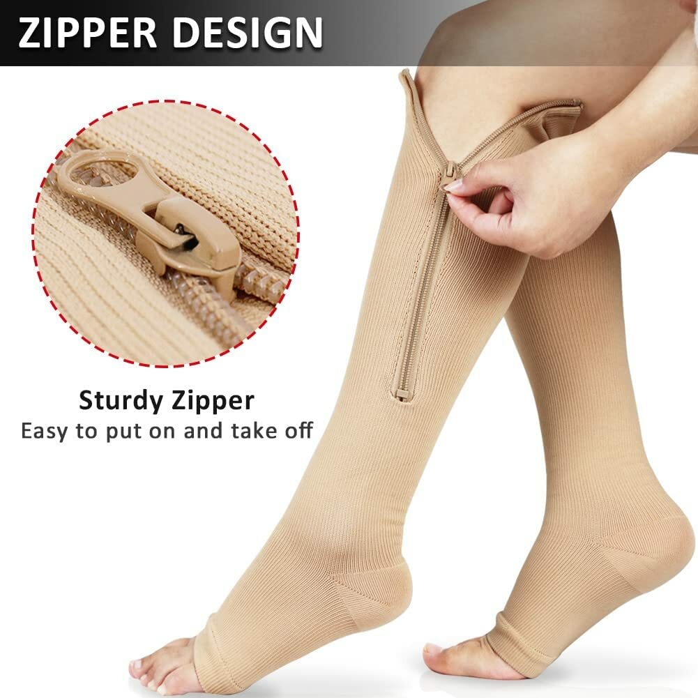 Open Toe Compression Socks 1-6 Pairs Calf Knee High Zipper Compression Stockings