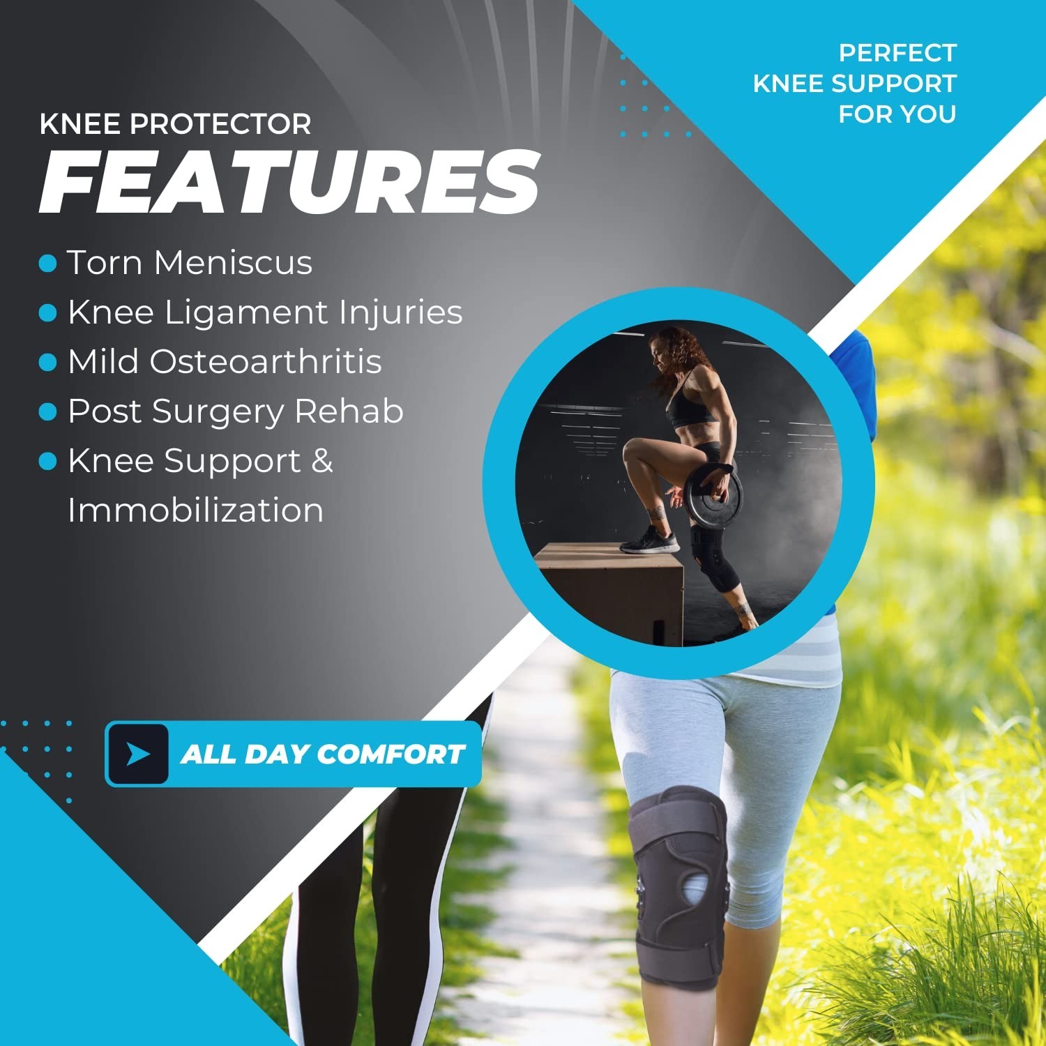 Hinged Knee Brace, Knee Immobilizer with Locking Dials & Side Stabilizers