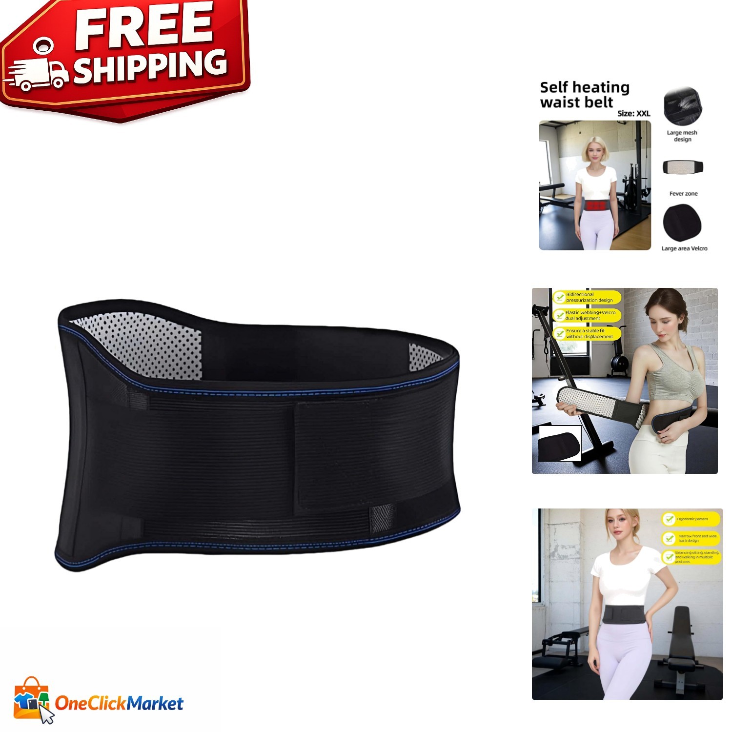 Dual-Strap Adjustable Lumbar Support with Self-Heating for Back Pain Relief XXL