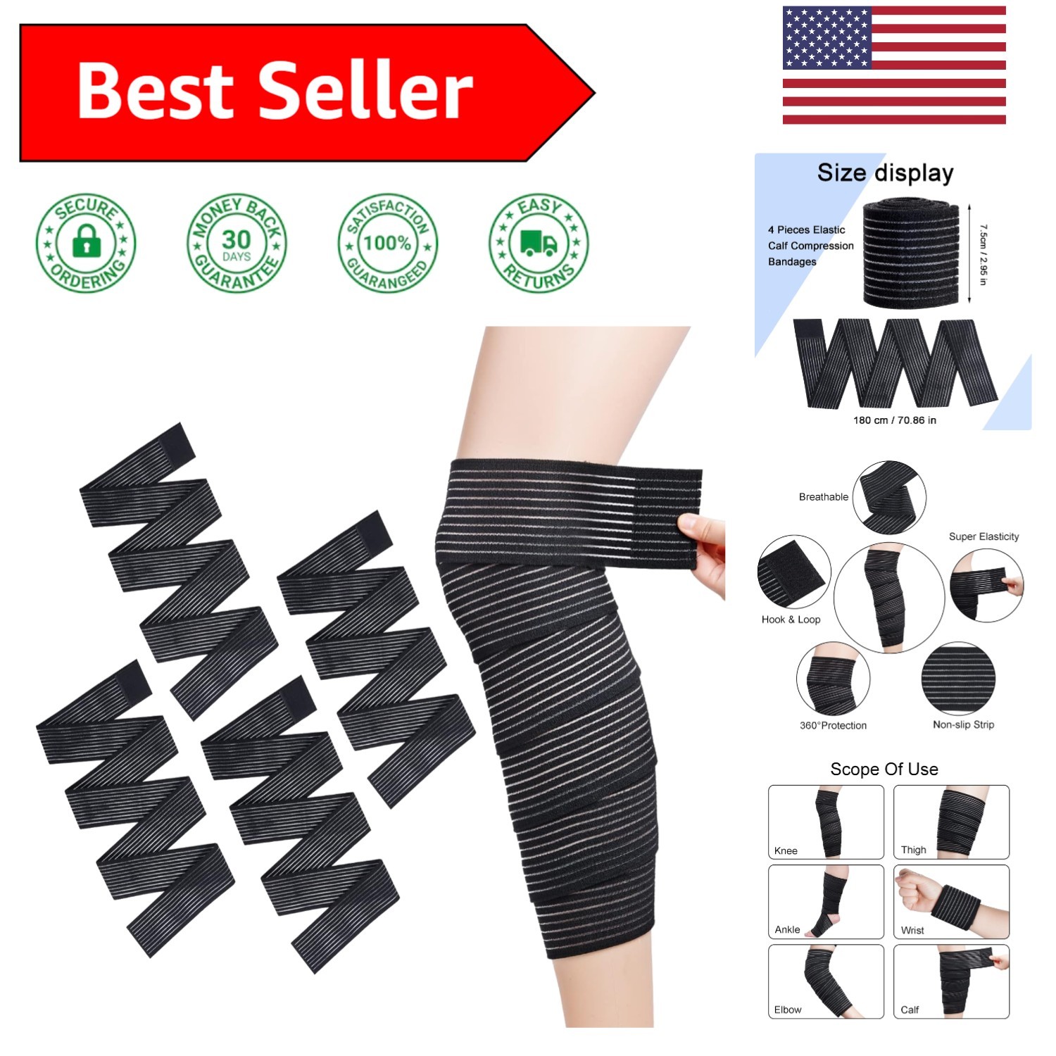 4-Pack Adjustable Black Compression Bandages for Knee Support – Quality