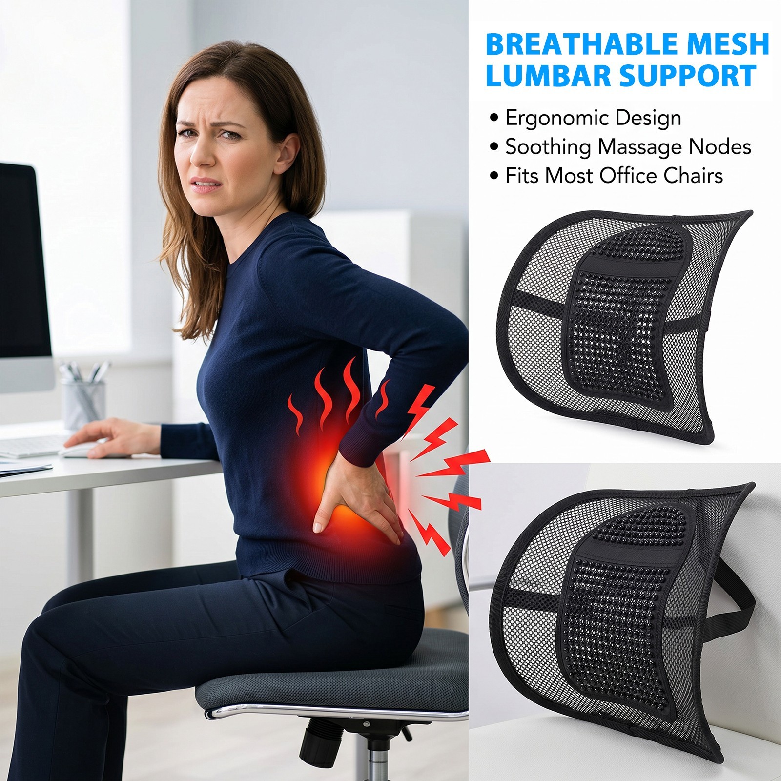 Car Seat Back Support Breathable Mesh Back Lumbar Support Cushion w/Massage Bead