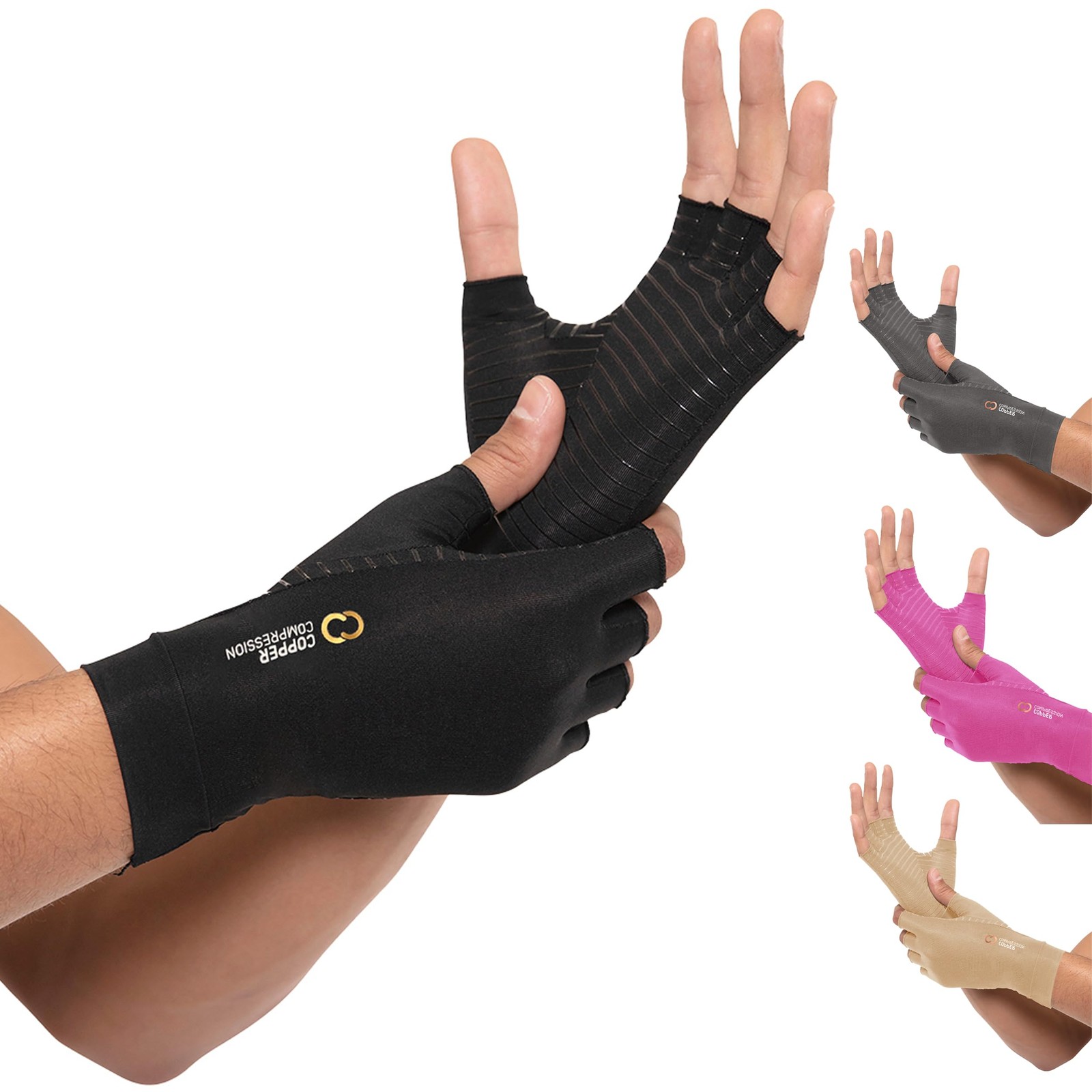 Copper Compression Arthritis Gloves | Fingerless Medium (1 Pair), Black