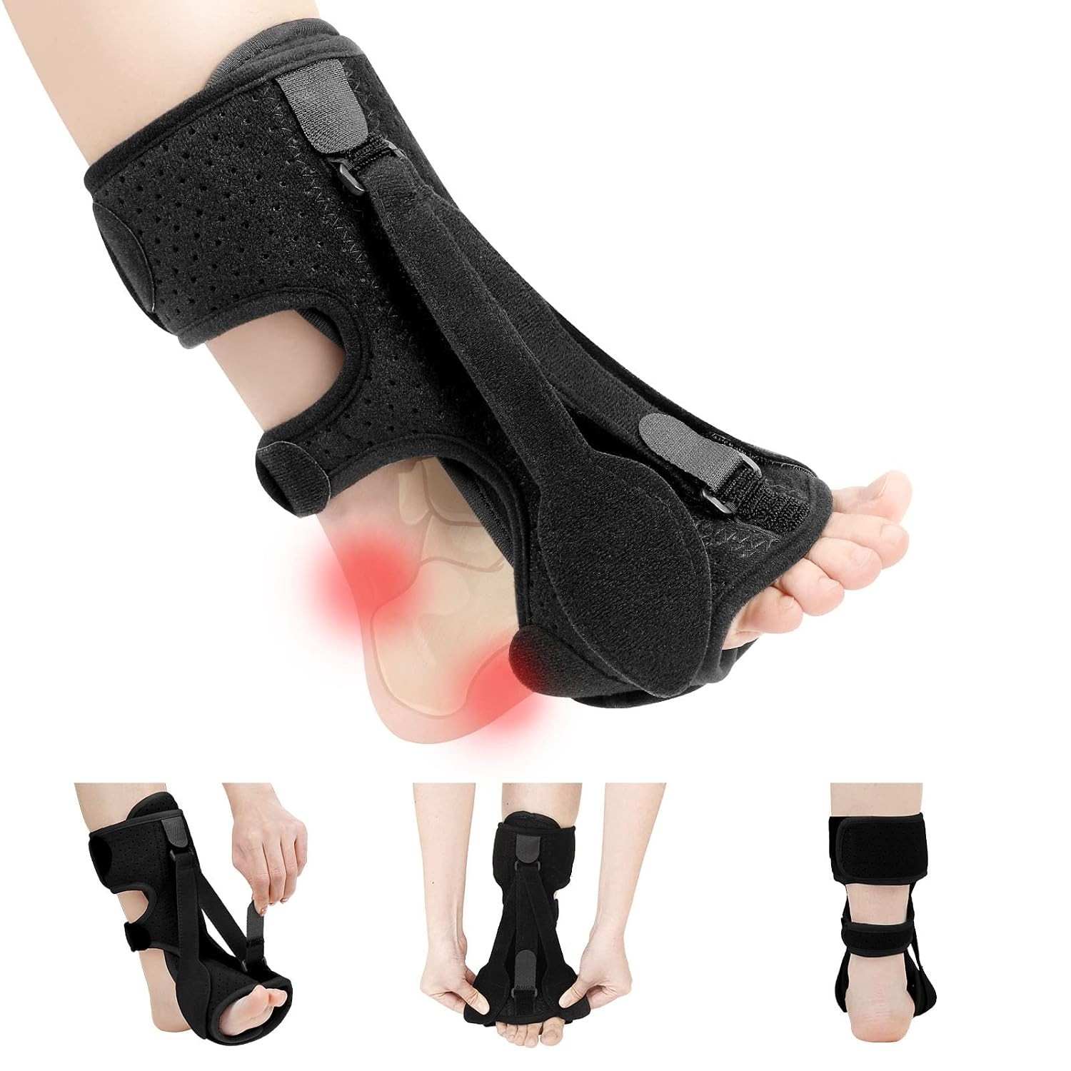 Plantar Fasciitis Night Splint – 3 Adjustable Straps for Pain Relief, Black