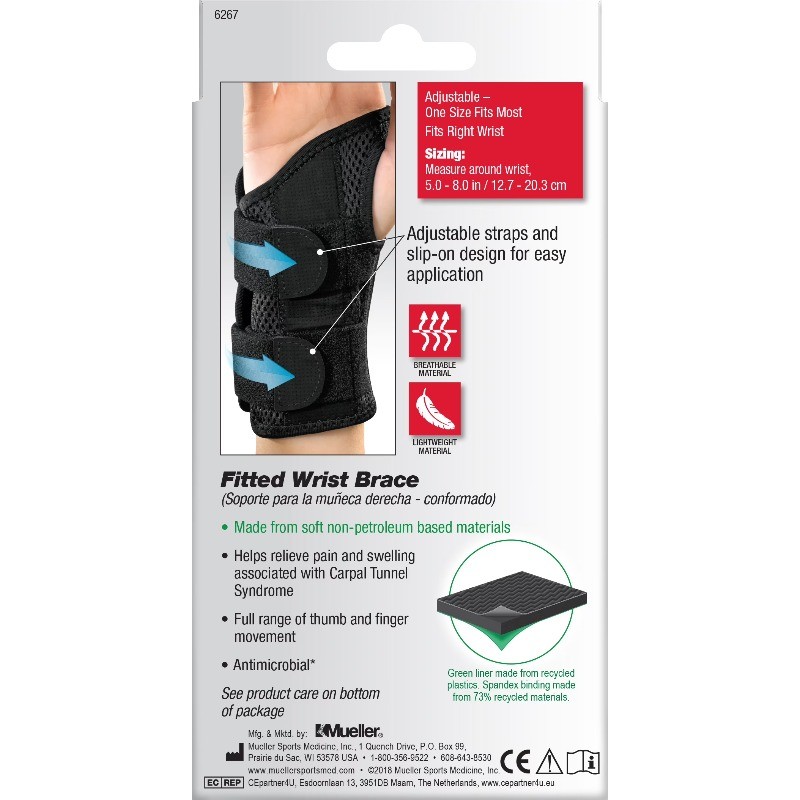Mueller Green Fitted Wrist Brace, Right Hand, Unisex, One Size Fits Most, Black