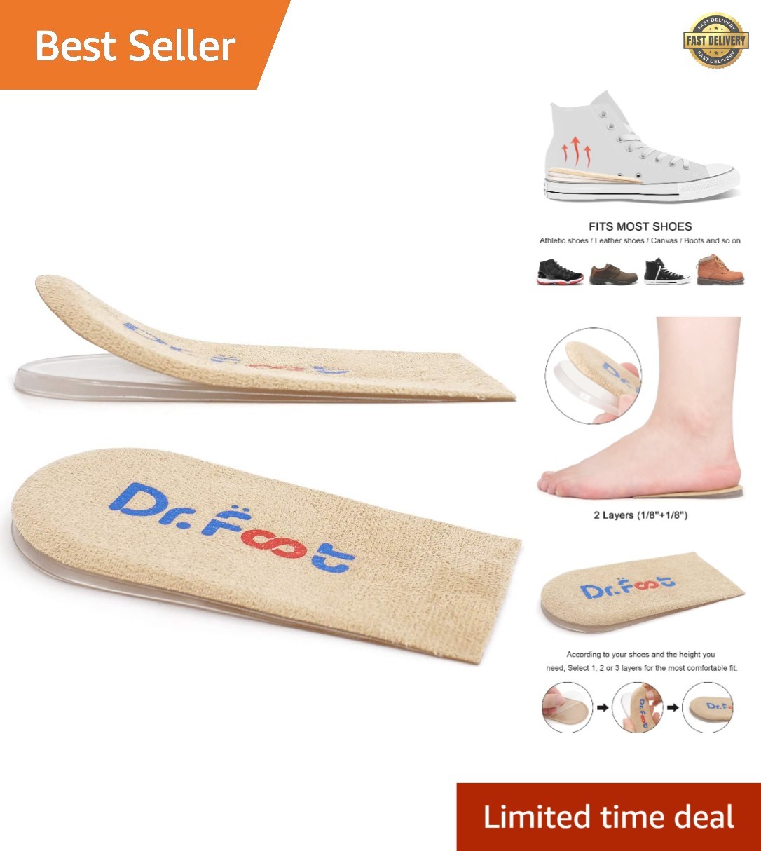 Dr.Foot Adjustable Heel Lift Inserts | Orthopedic Gel Insoles – Beige, 2 Layers