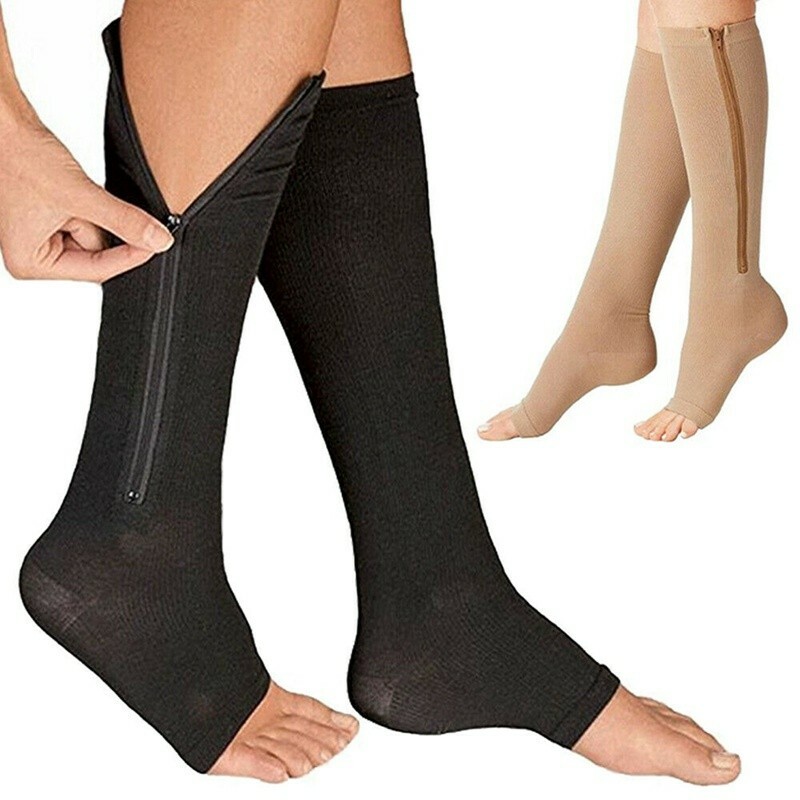 3 Pair Compression Zippered Socks Open Toe High Knee Circulation Easy On/Off