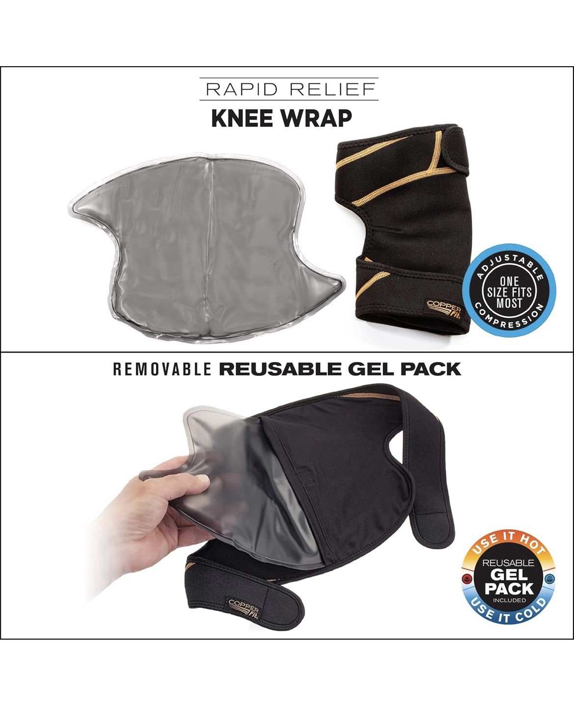 Copper Fit Rapid Relief Knee Wrap With Hot & Cold Gel Pack Adjustable Fit