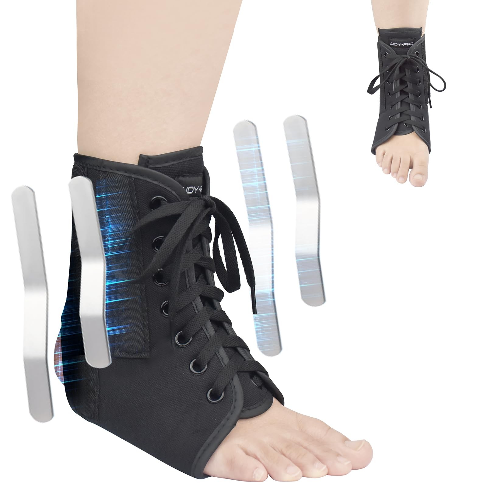 AIDY-PRO Lace Up Ankle Brace with Metal Side Stabilizers, Large, Black