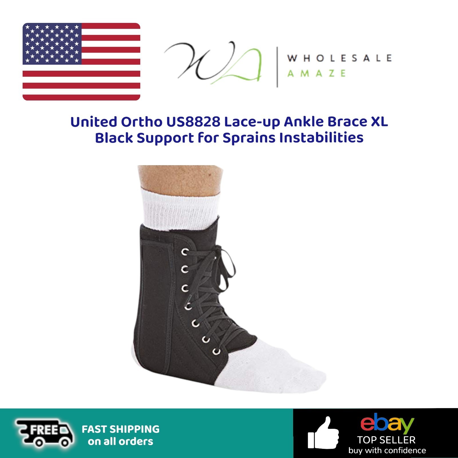 United Ortho US8828 Lace-up Ankle Brace XL Black Support for Sprains