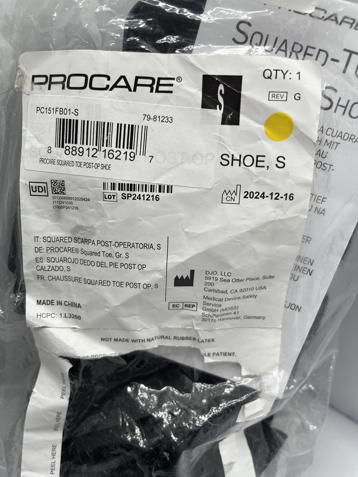 Procare Squared-Toe Post-Op Shoe Small Black Adjustable Medical Recovery New