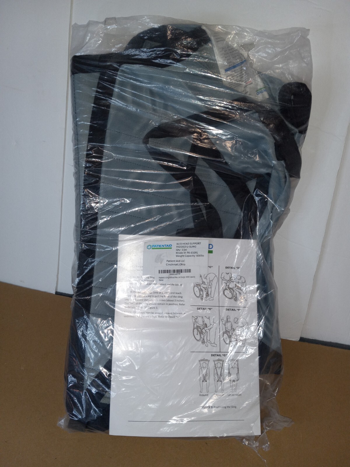 NEW! Patient Aid Padded U-Sling w/o Head Support Unisex Size: XL 600lb Capacity