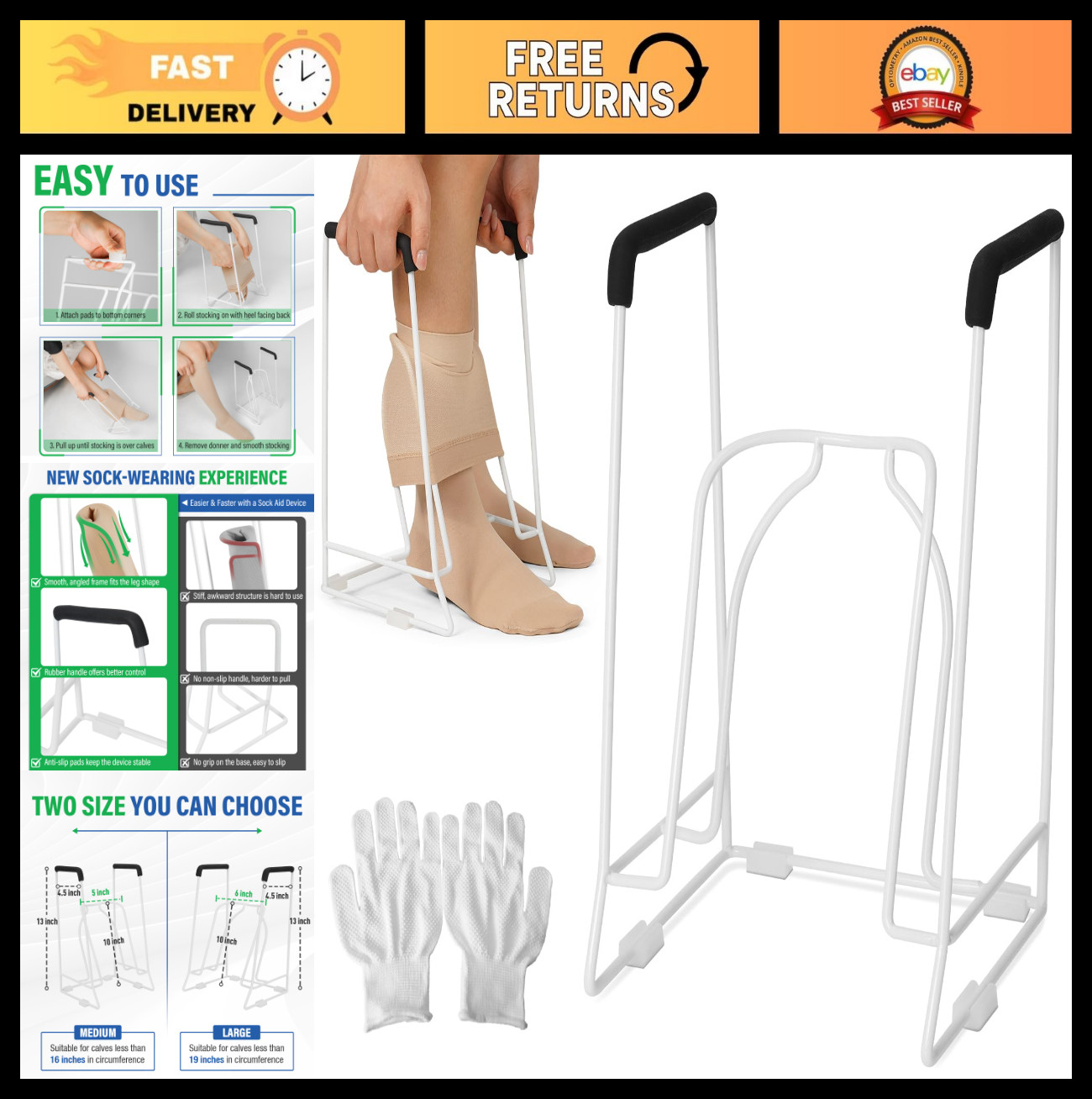 Compression Sock Aid Tool for Seniors | Easy Stocking Donner for Medium Calf ( 1