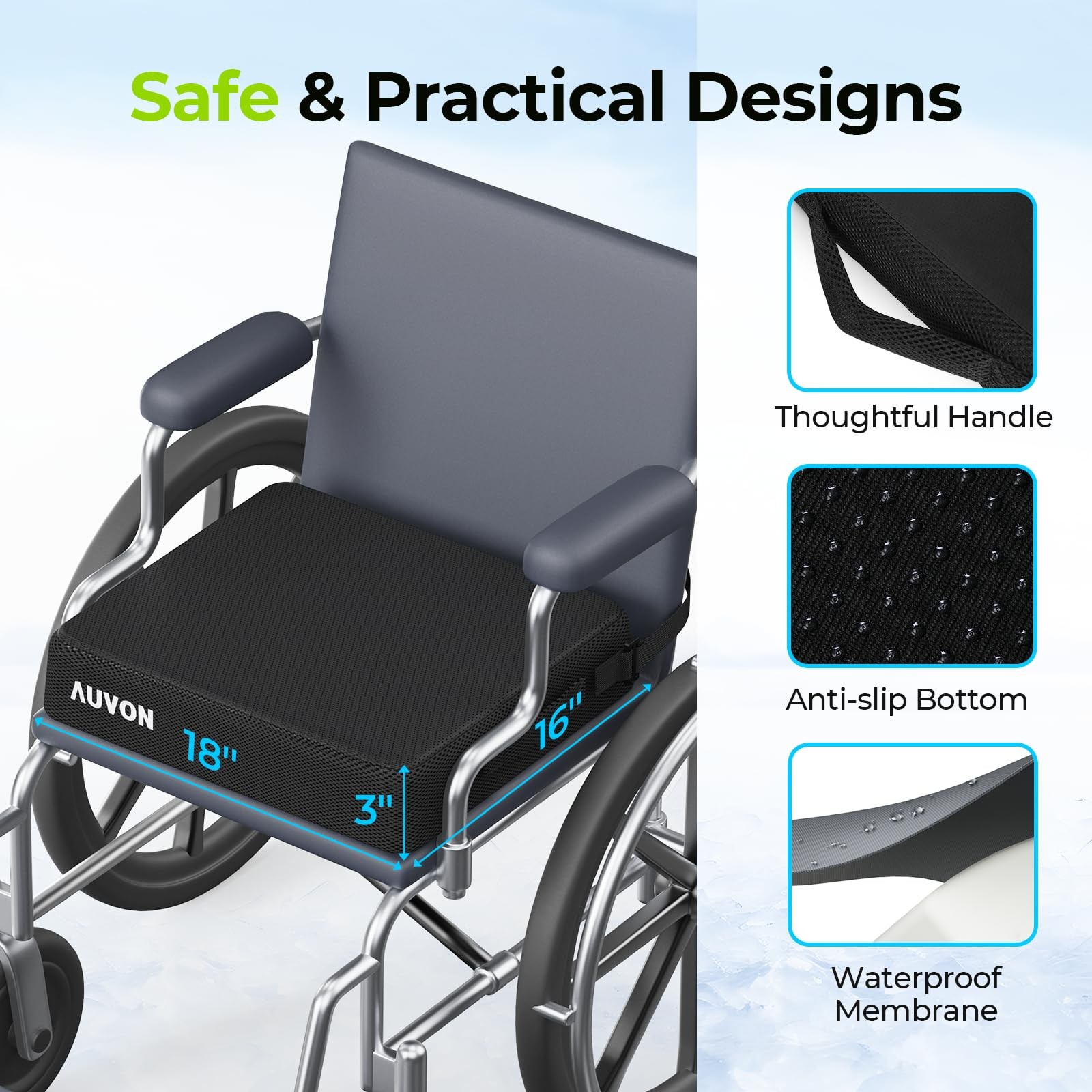 AUVON Cooling Gel Wheelchair Seat Cushion for Sciatica, Back, X-Large, Black