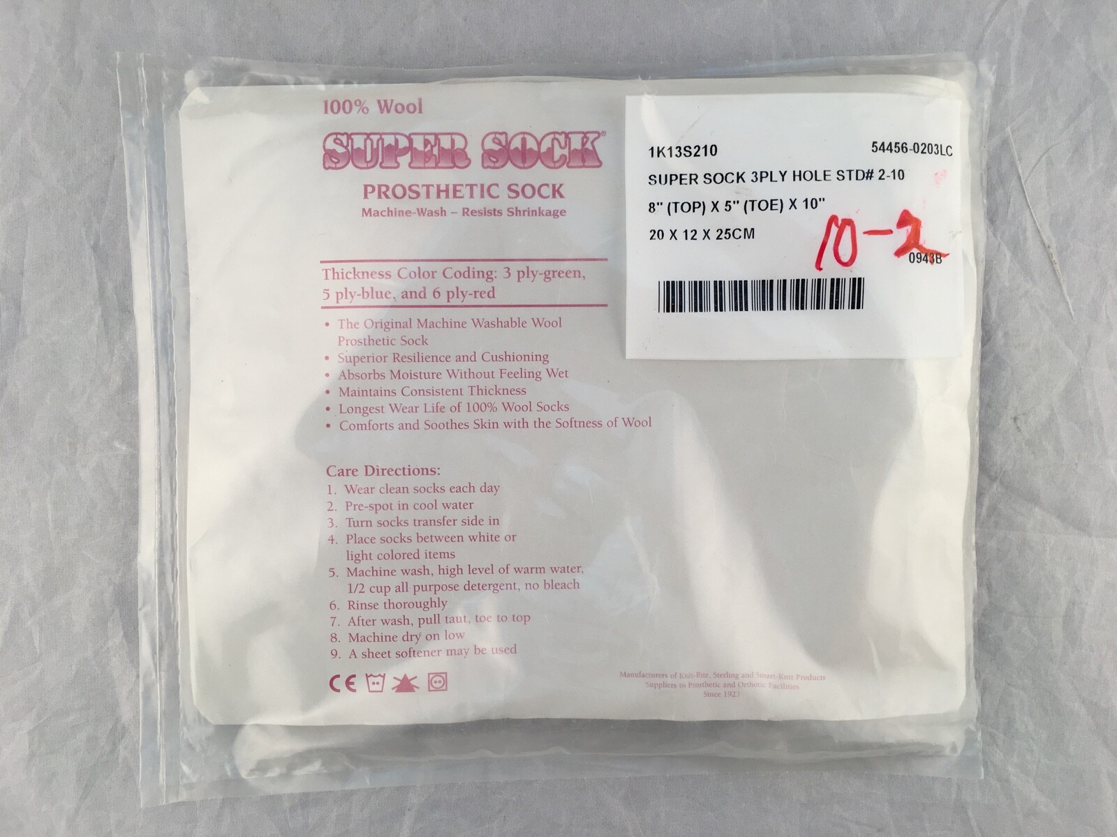 knit-rite 100% fine wool super sock prosthetic sock 3 ply new in pkg