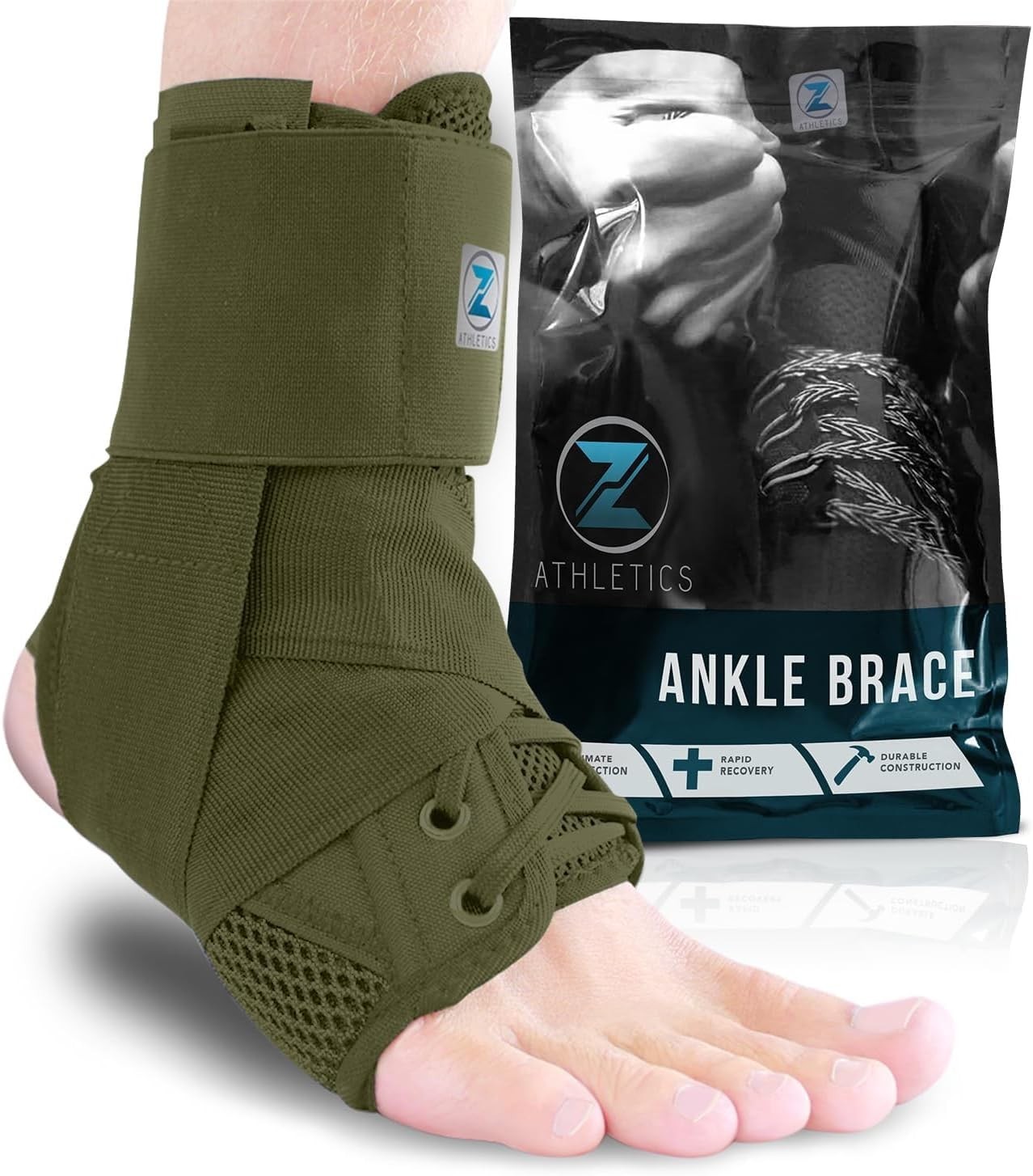 Z ATHLETICS Zenith Ankle Brace, Lace Up Adjustable Medium, Olive Green