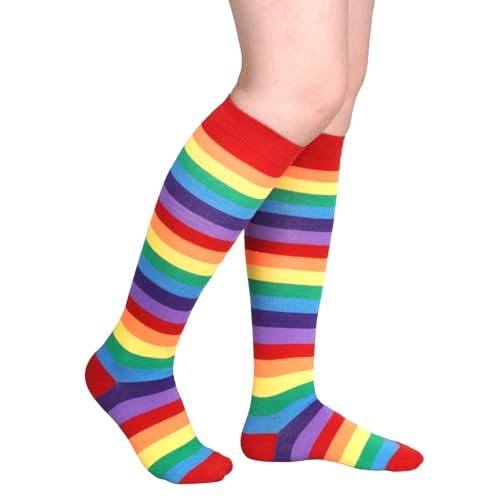Topbuti Striped Knee High Socks Colorful Sport Athletic Cotton Tube Red Rainbow