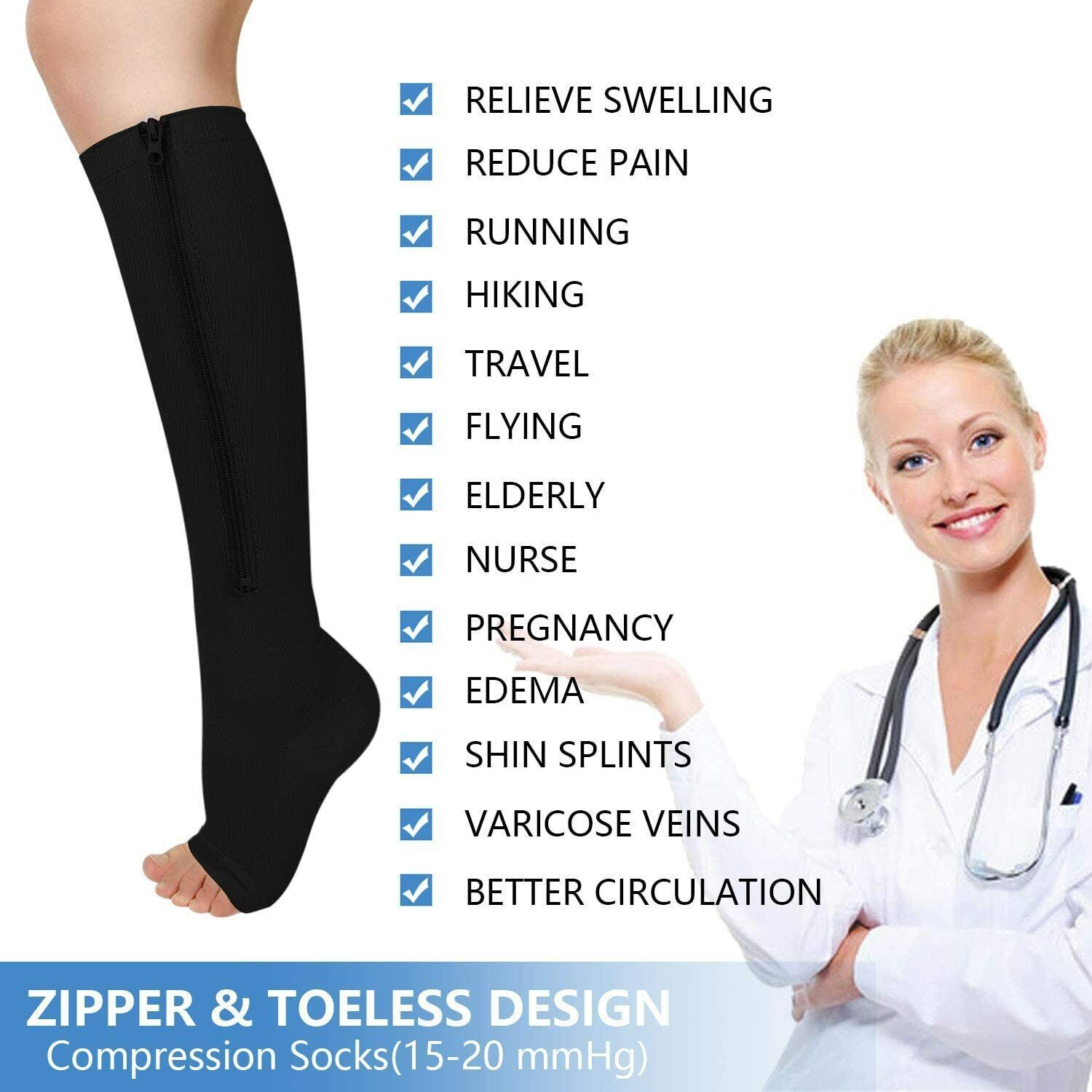 1 Pair Zip-Up Compression Socks Knee-High Leg Support S-2XL Unisex Leg Supporet