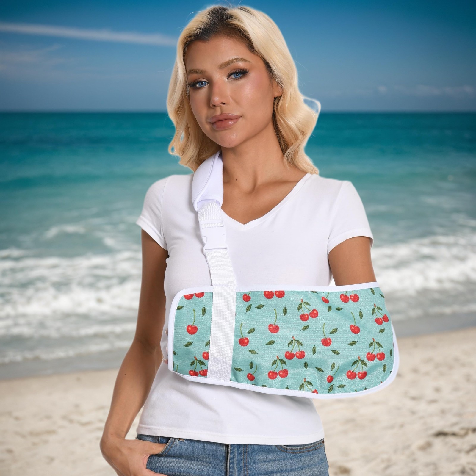 One Size Green Cherry Print Arm Sling Adjustable Breathable Broken Arm Brace