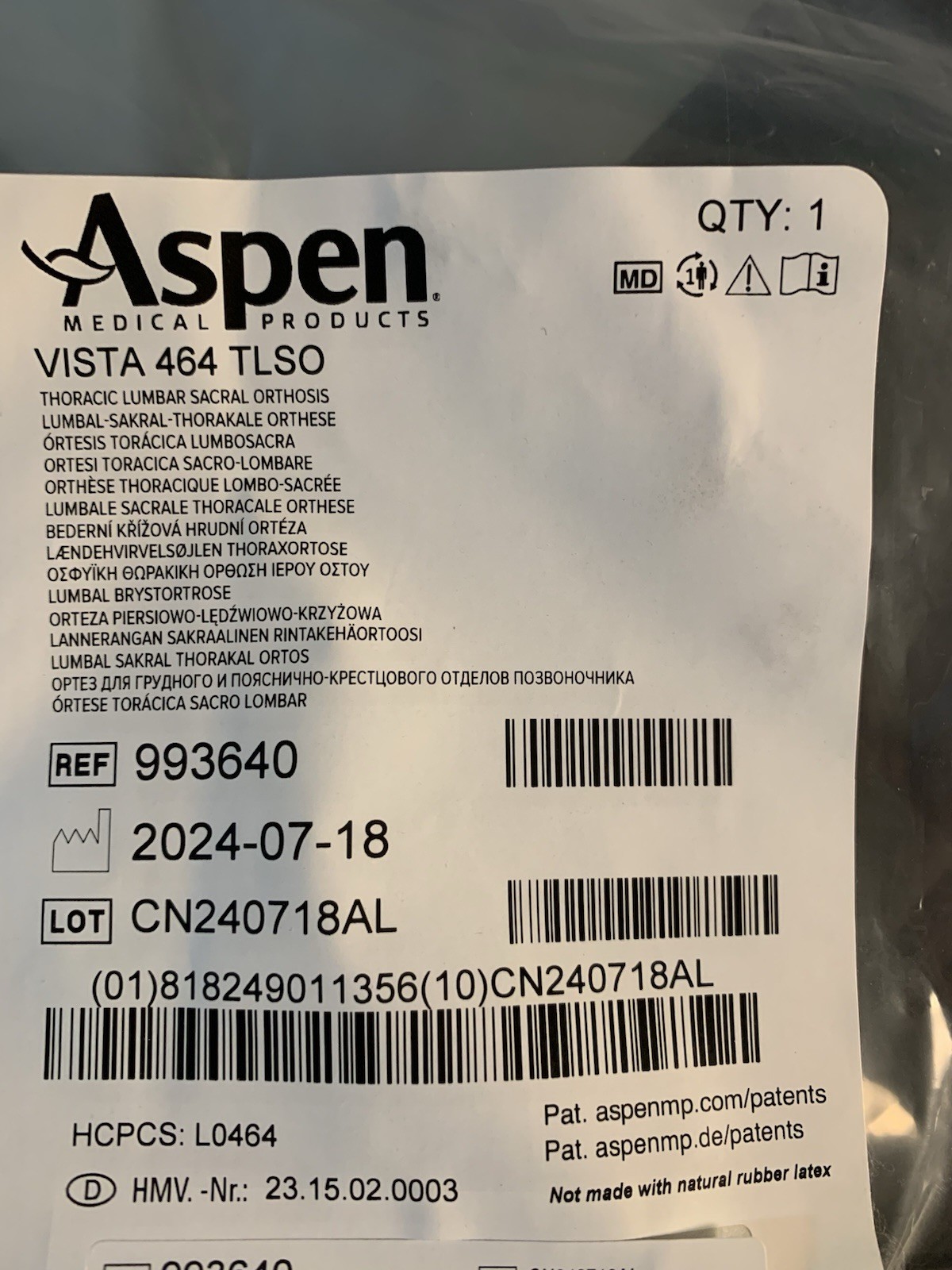 *Aspen Medical Products Vista 464 TLSO Thoracic Lumbar Back Brace