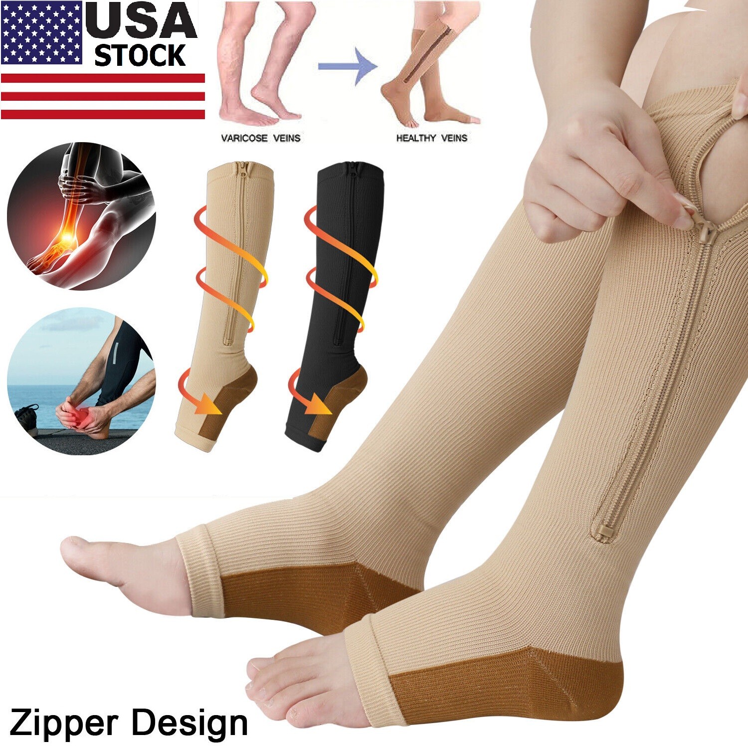 2 Pairs Compression Stockings, Knee High Length, Open Toe,Zipper Leg Pain Relief
