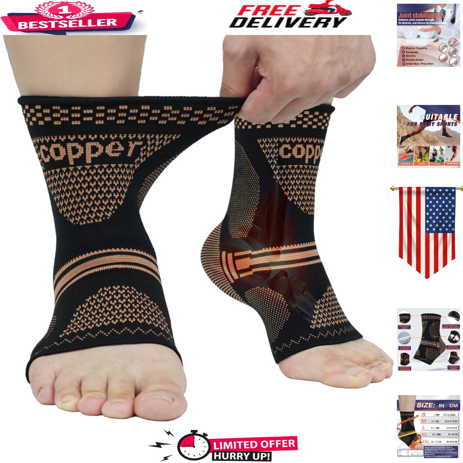 Copper Ankle Brace Compression Sleeve – 2 Pack, Yellow-Black XL for Pain Relief