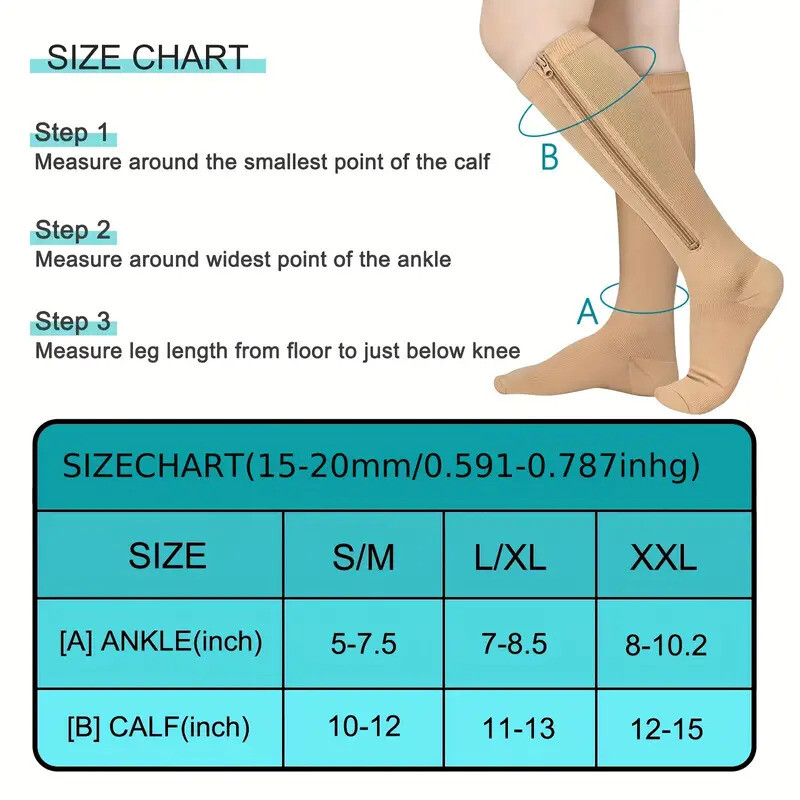 Zip Up Closed Toe Compression Zipper Socks Calf Support Stockings Unisex 3 Pairs