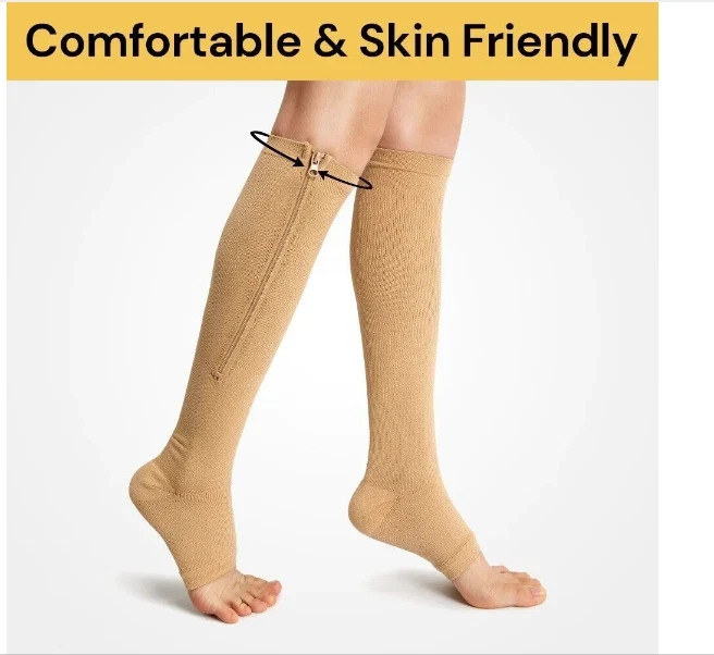 Zipper Open Toe Compression Socks 20-30mmHg Calf Leg Ankle Support Stocking sz S