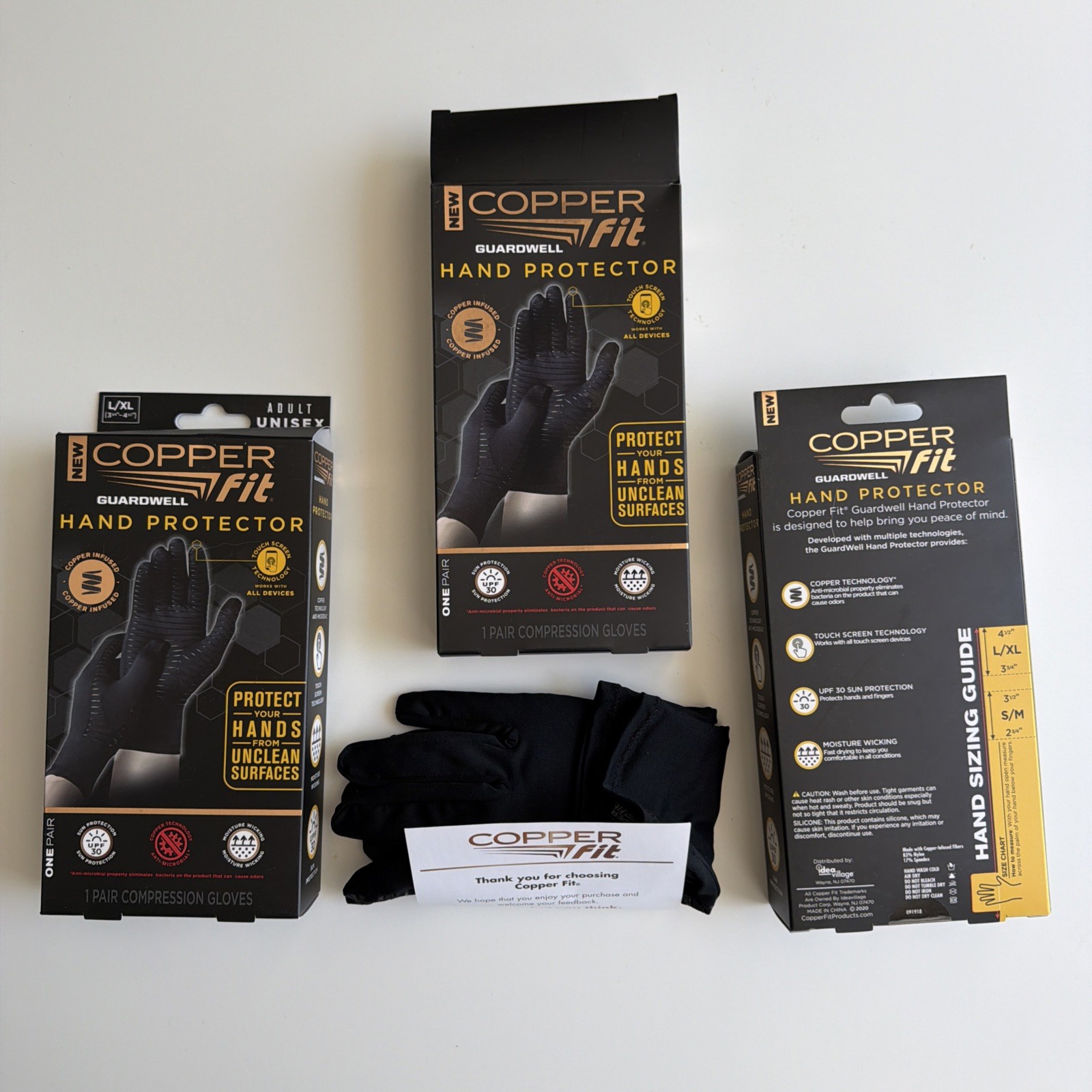 PACK OF 3 Copper Fit Guardwell Hand Protector Gloves,Unisex, Size L/XL – Black