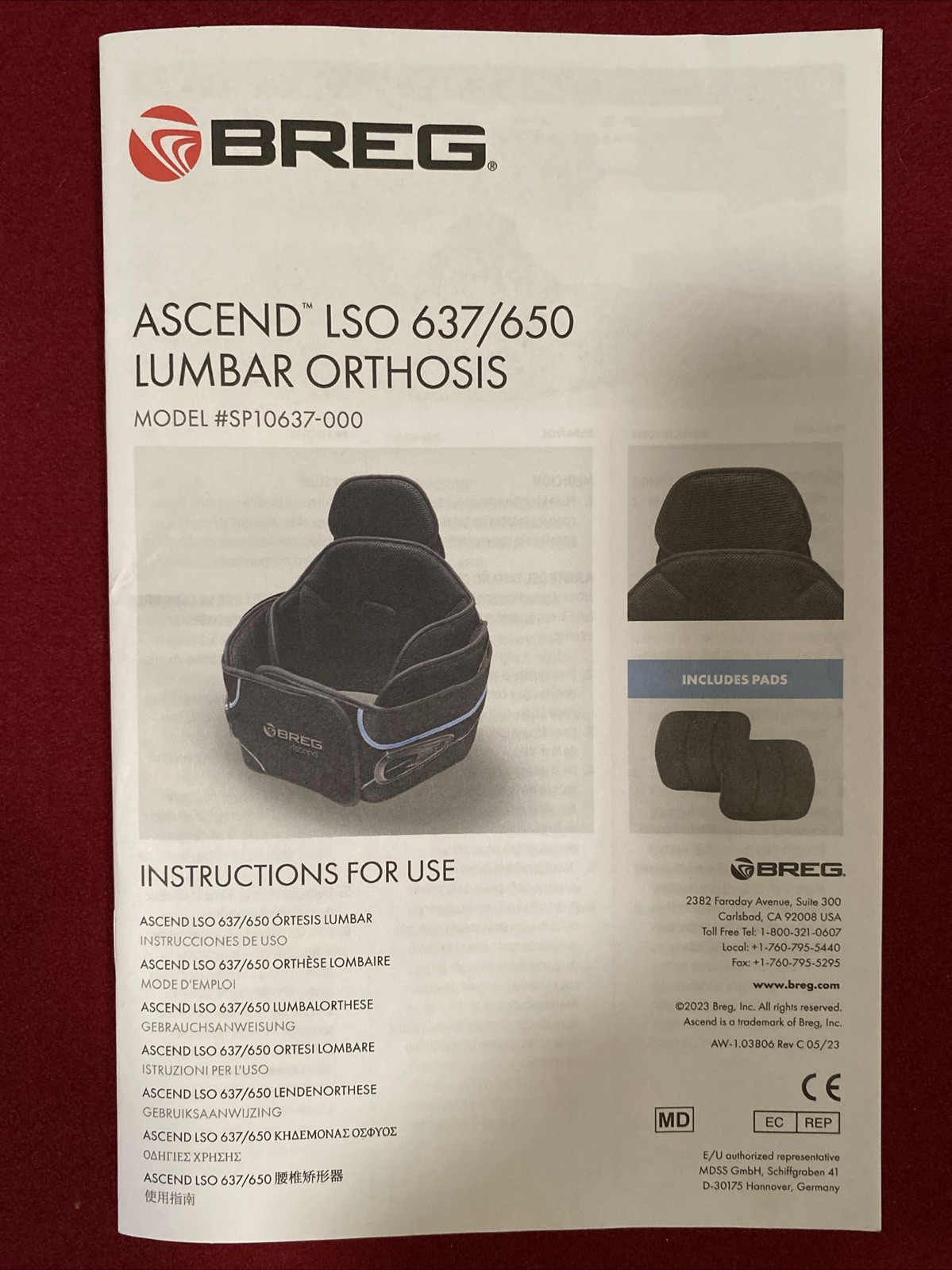 Ascend LSO 637/650 Lumbar Orthosis Back Support / Back Brace