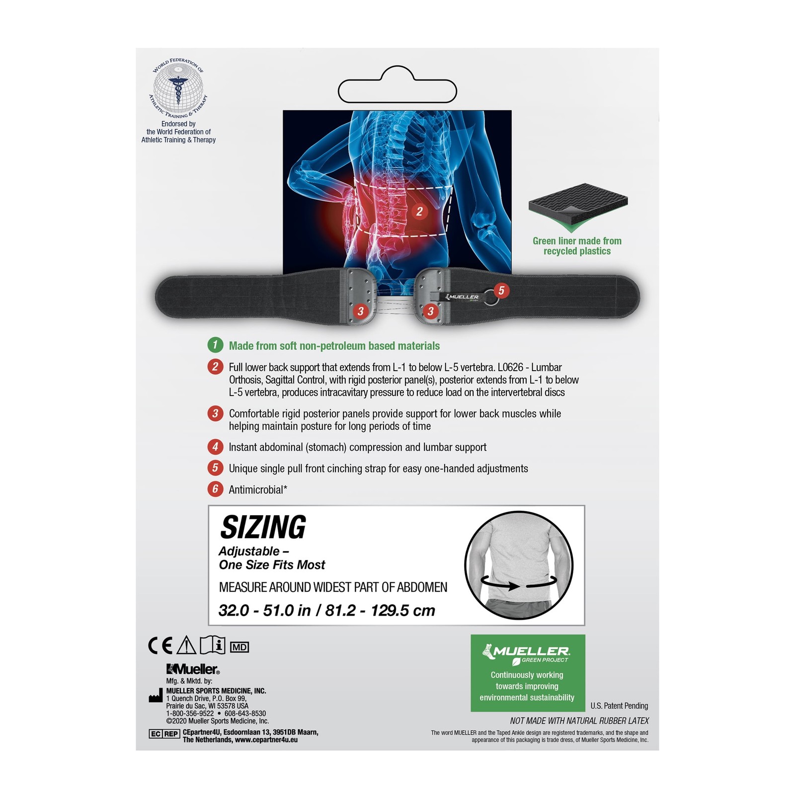 Mueller Green Adjustable Back and Abdominal Support, Black, One Size Fits Most