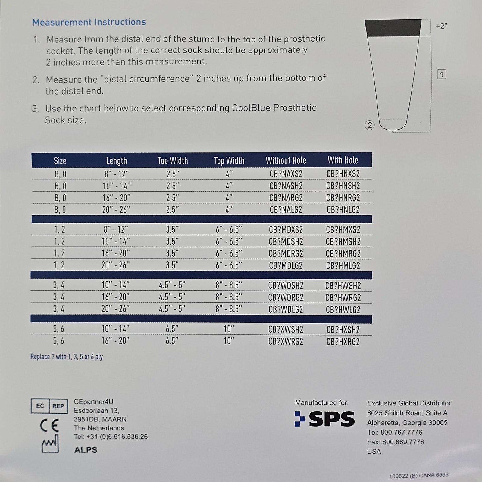CoolBlue Prosthetic Sock 1 Ply W/Sewn Hole; Size 3, 4 Lngth 16-20 (5 Available)