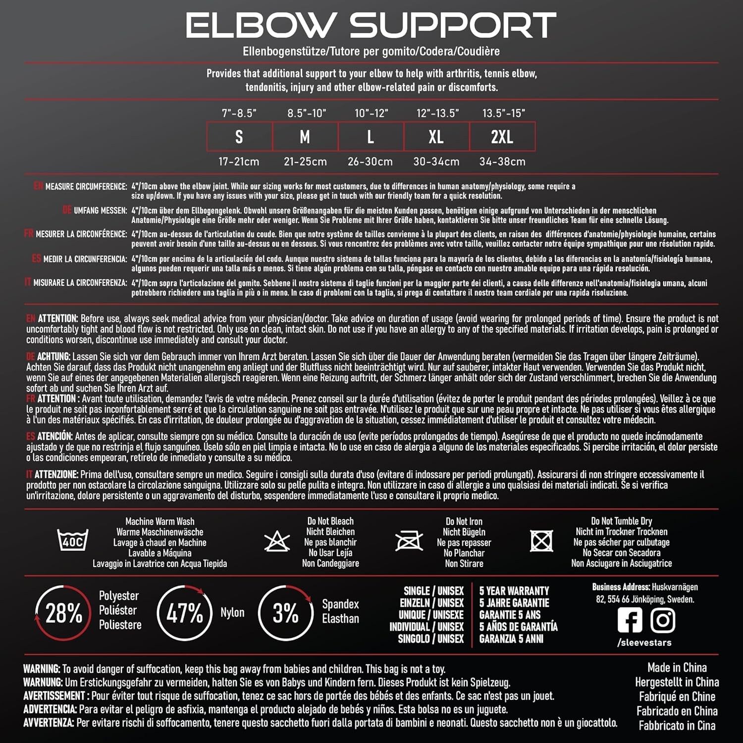 Sleeve Stars Elbow for Pain Relief & Protection – S: 7-8.5, Black