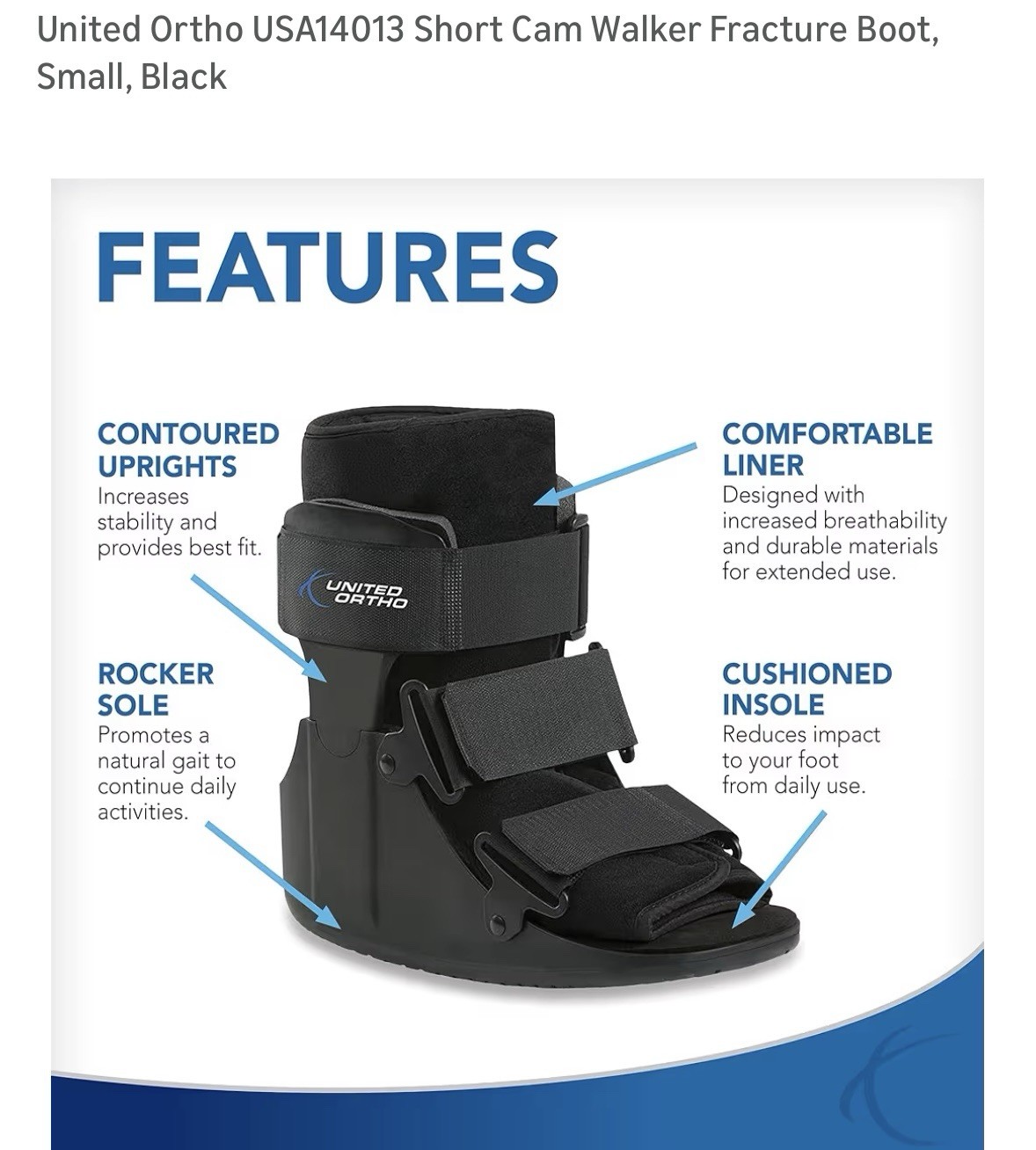 United Ortho Short Cam Walker Fracture Boot, Small, Black