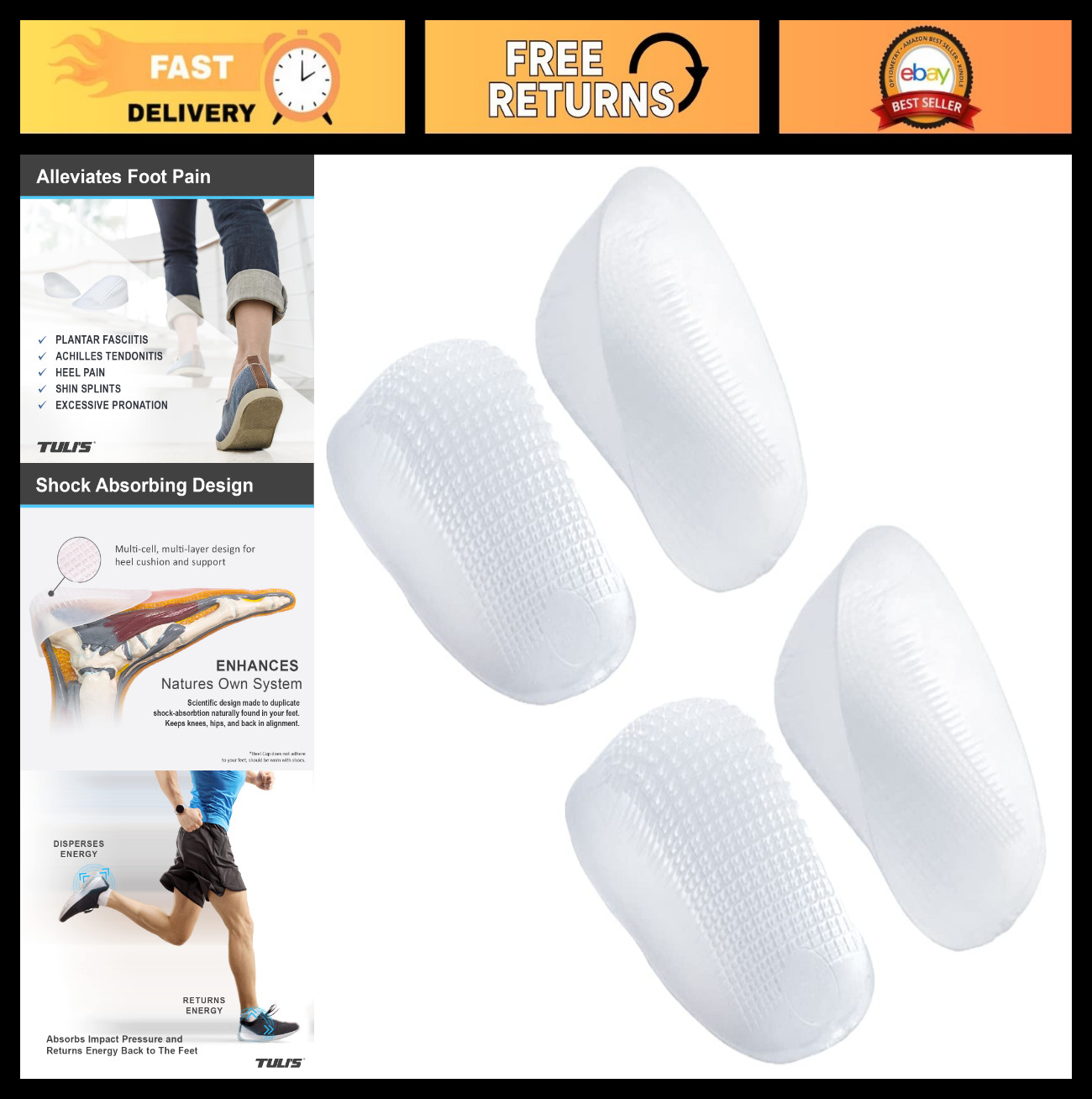 Gel Heel Cups for Plantar Fasciitis Relief – 2 Pairs, Large Size, Comfortable Su