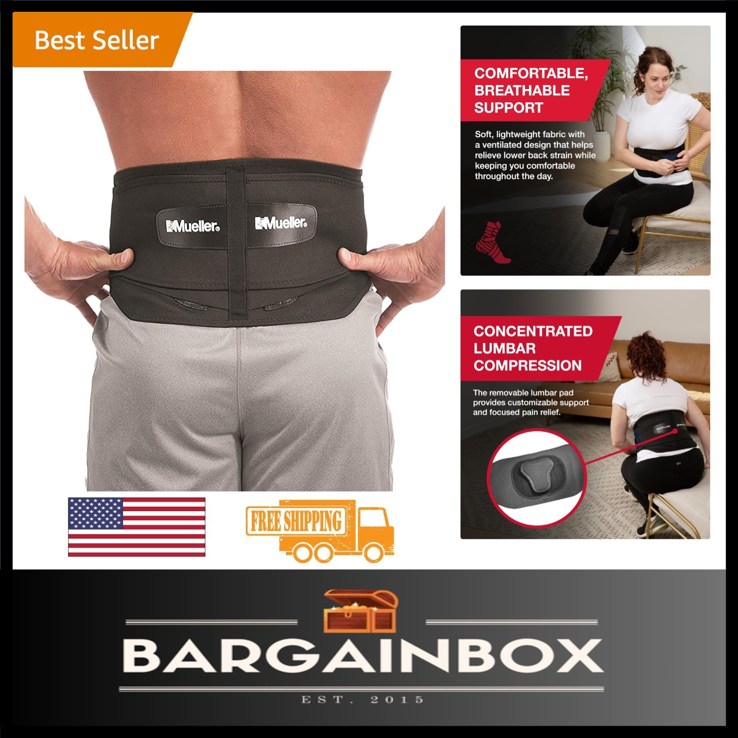 Adjustable Lumbar Back Brace with Removable Pad for Pain Relief – Black, Regu…