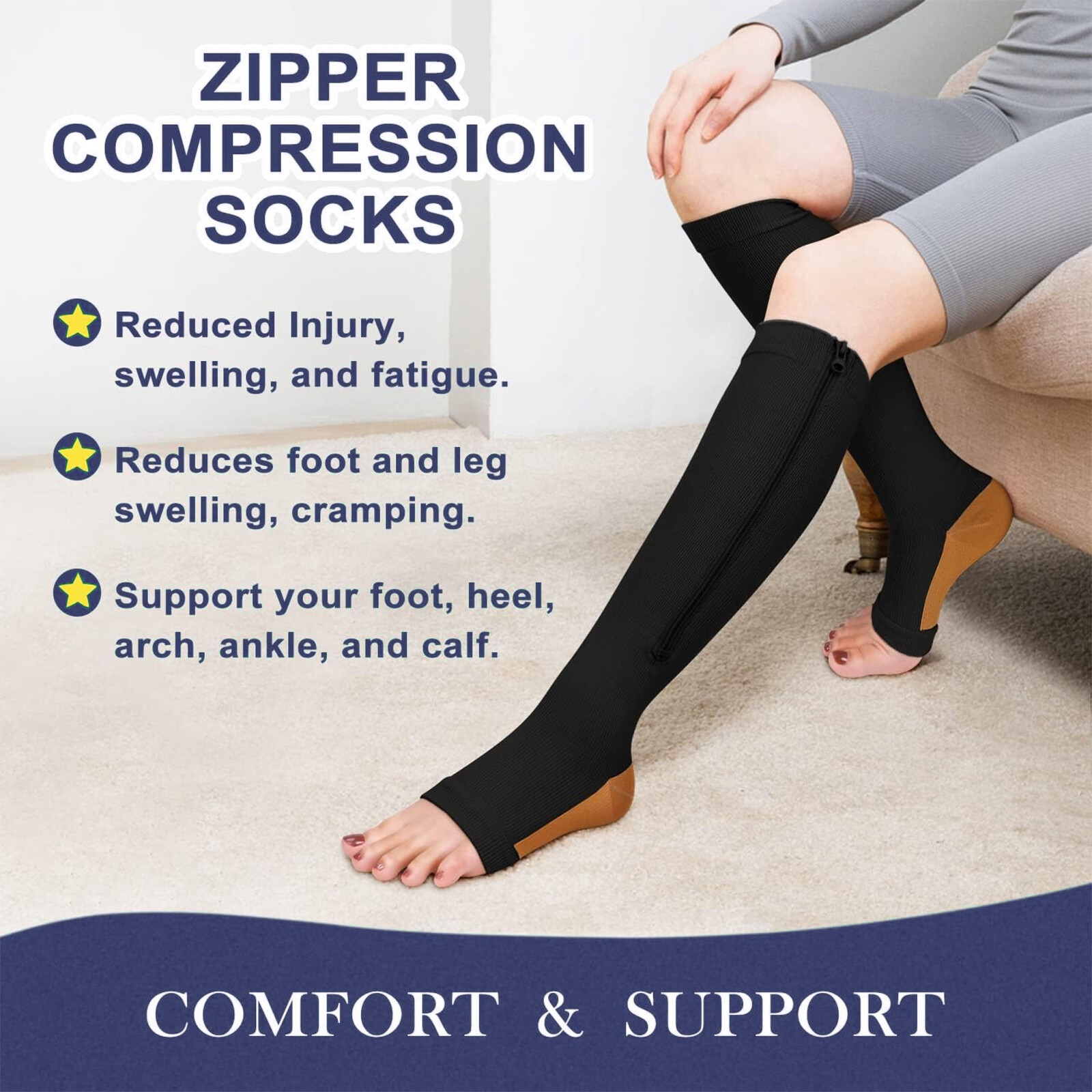 Open Toe Zipper Compression Socks 20-30mmHg Calf Leg Ankle Support Stocking