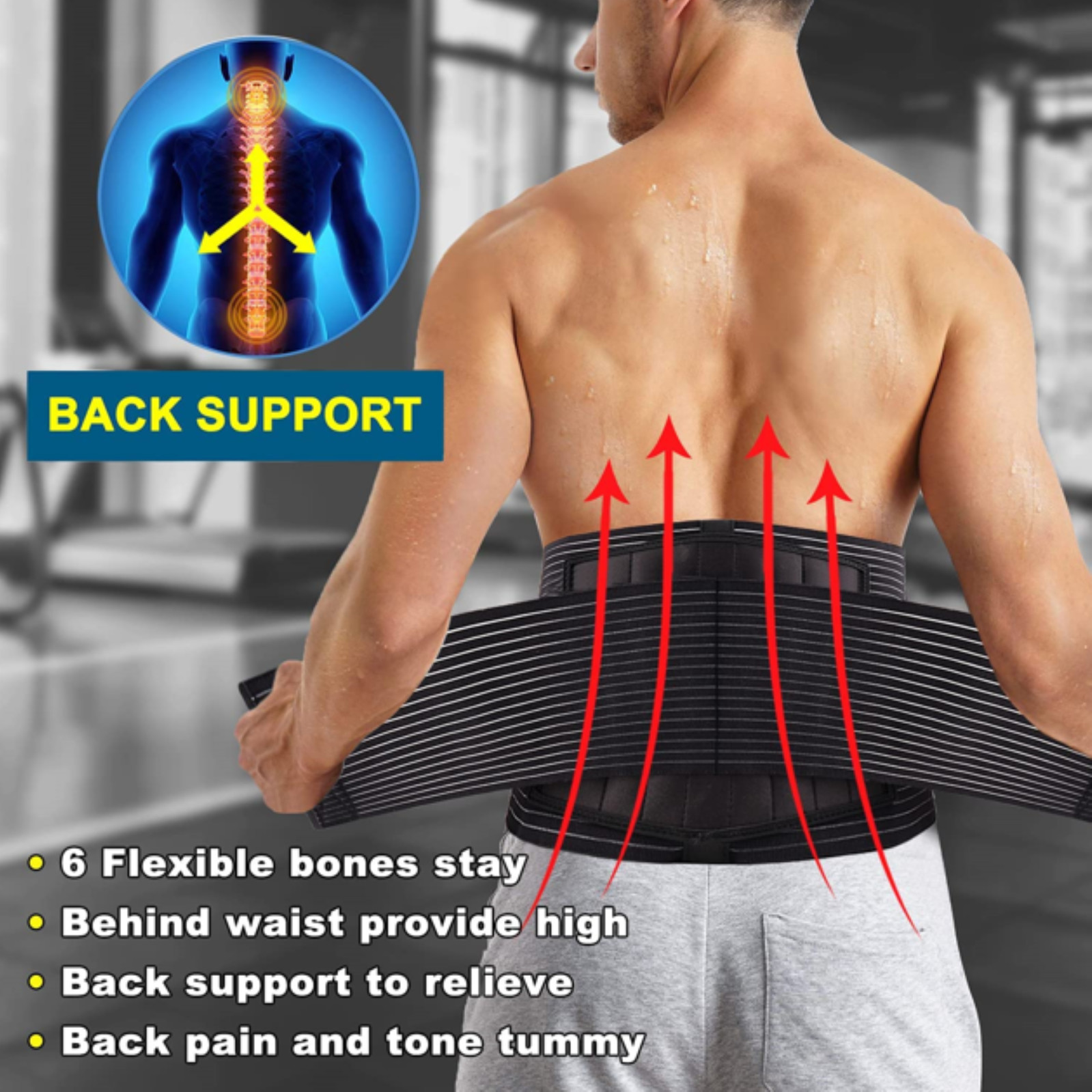 Fitness Back Brace for Men Lower Back Support Belts 5/6 pcs Metal Spring Strip