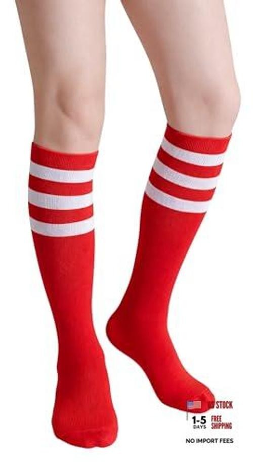 Women Men Knee High Athletic Socks Casual Stripes Retro Tube A04-white/Red