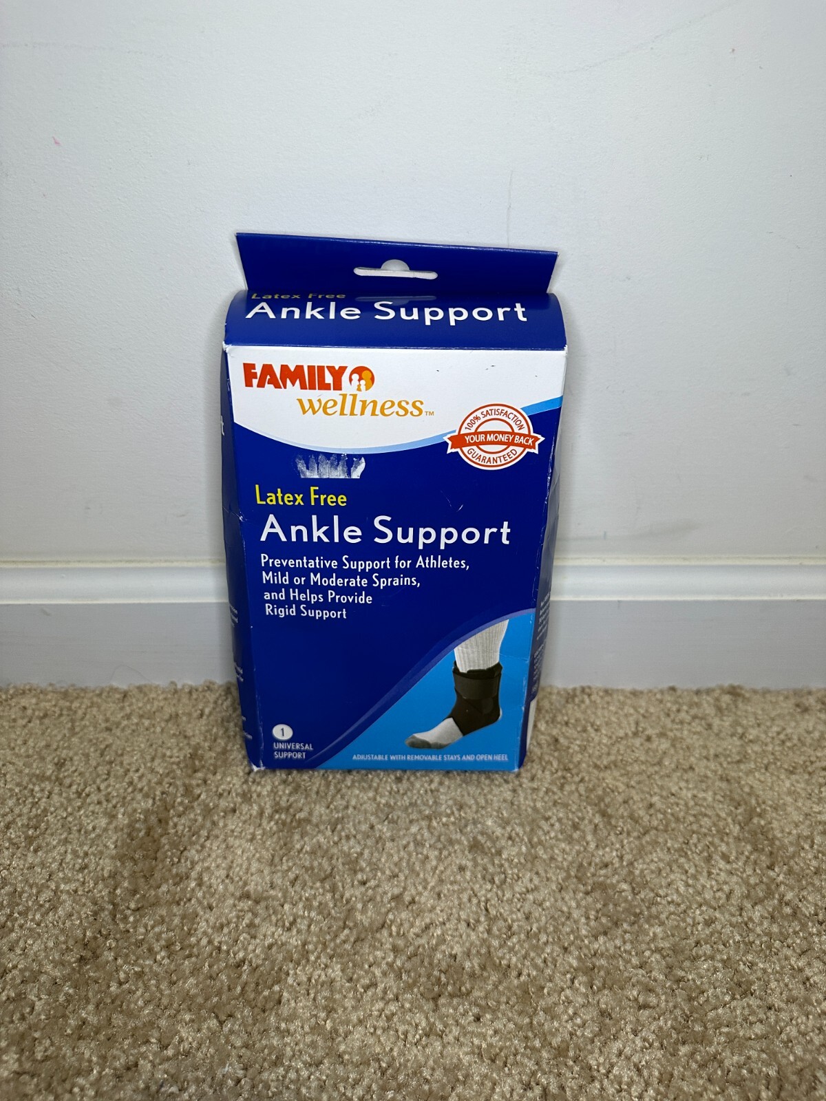 NIB FAMILY WELLNESS Latex Free Black Pull On ADJUSTABLE Ankle Support Brace